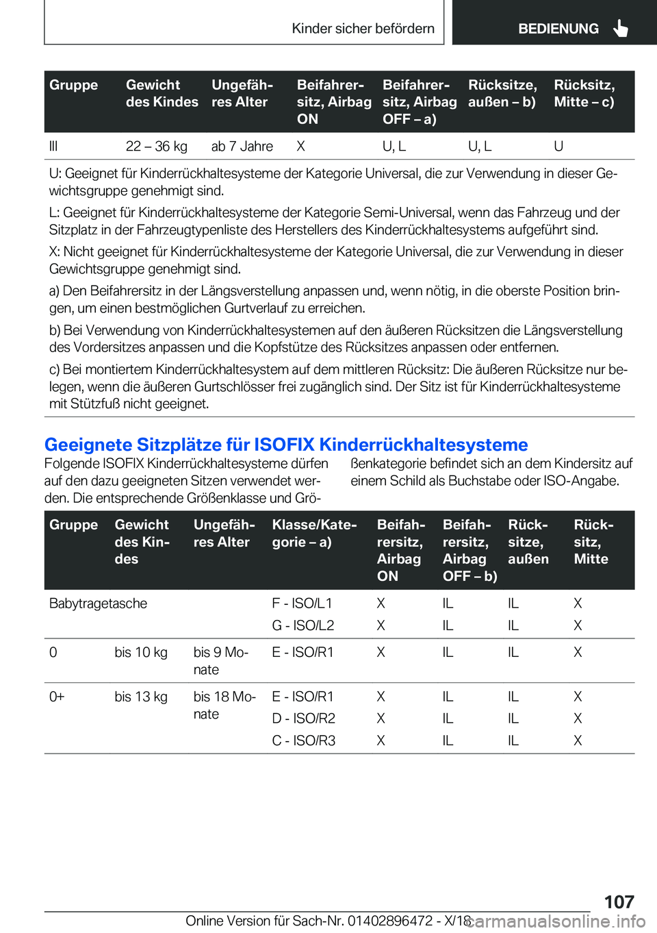 BMW X1 2019  Betriebsanleitungen (in German) �G�r�u�p�p�e�G�e�w�i�c�h�t
�d�e�s��K�i�n�d�e�s�U�n�g�e�f�