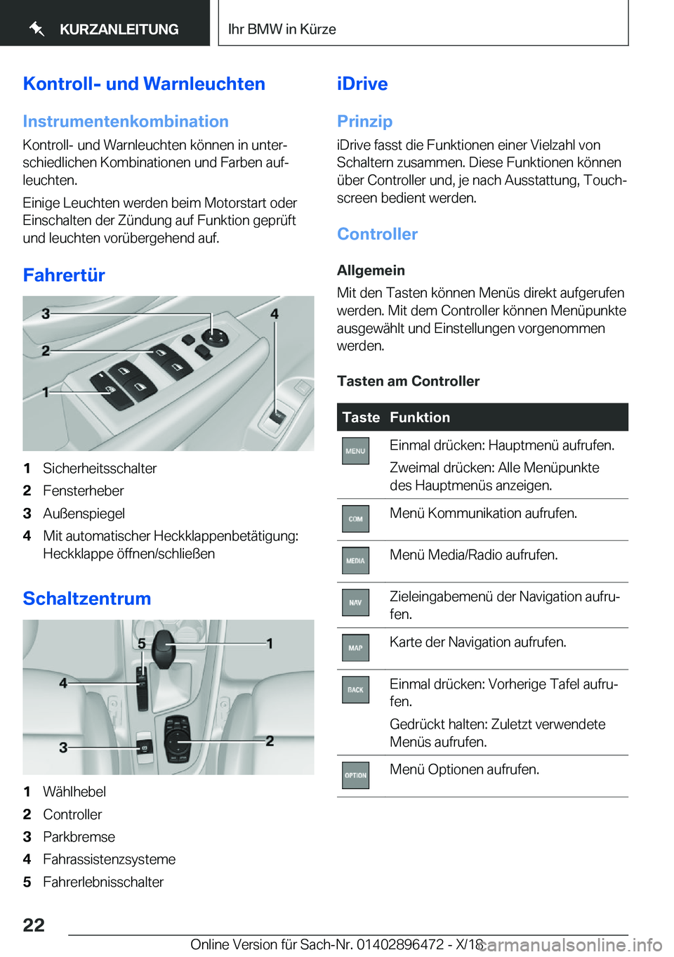 BMW X1 2019  Betriebsanleitungen (in German) �K�o�n�t�r�o�l�l�-��u�n�d��W�a�r�n�l�e�u�c�h�t�e�n�I�n�s�t�r�u�m�e�n�t�e�n�k�o�m�b�i�n�a�t�i�o�n
�K�o�n�t�r�o�l�l�-��u�n�d��W�a�r�n�l�e�u�c�h�t�e�n��k�