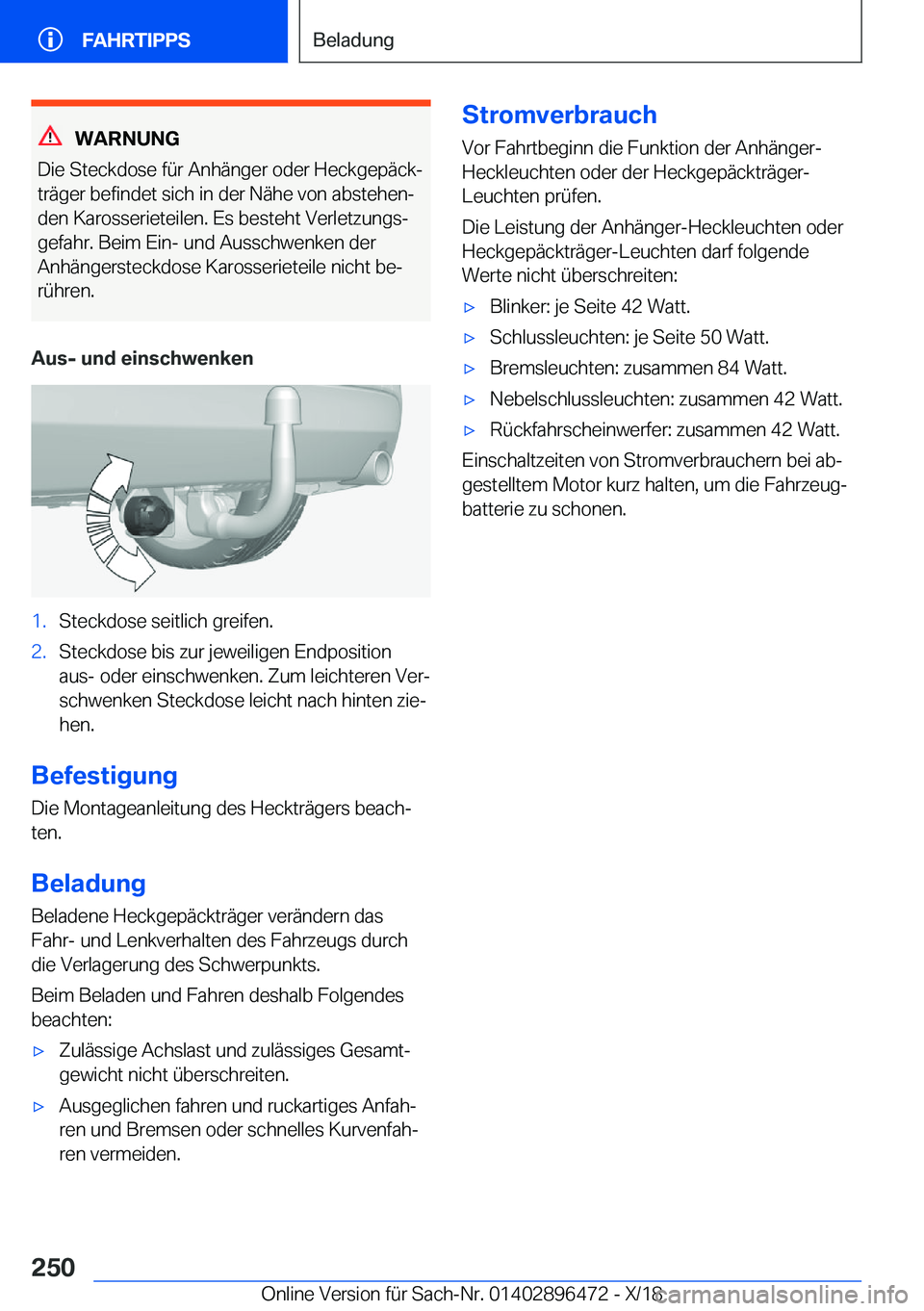 BMW X1 2019  Betriebsanleitungen (in German) �W�A�R�N�U�N�G
�D�i�e��S�t�e�c�k�d�o�s�e��f�