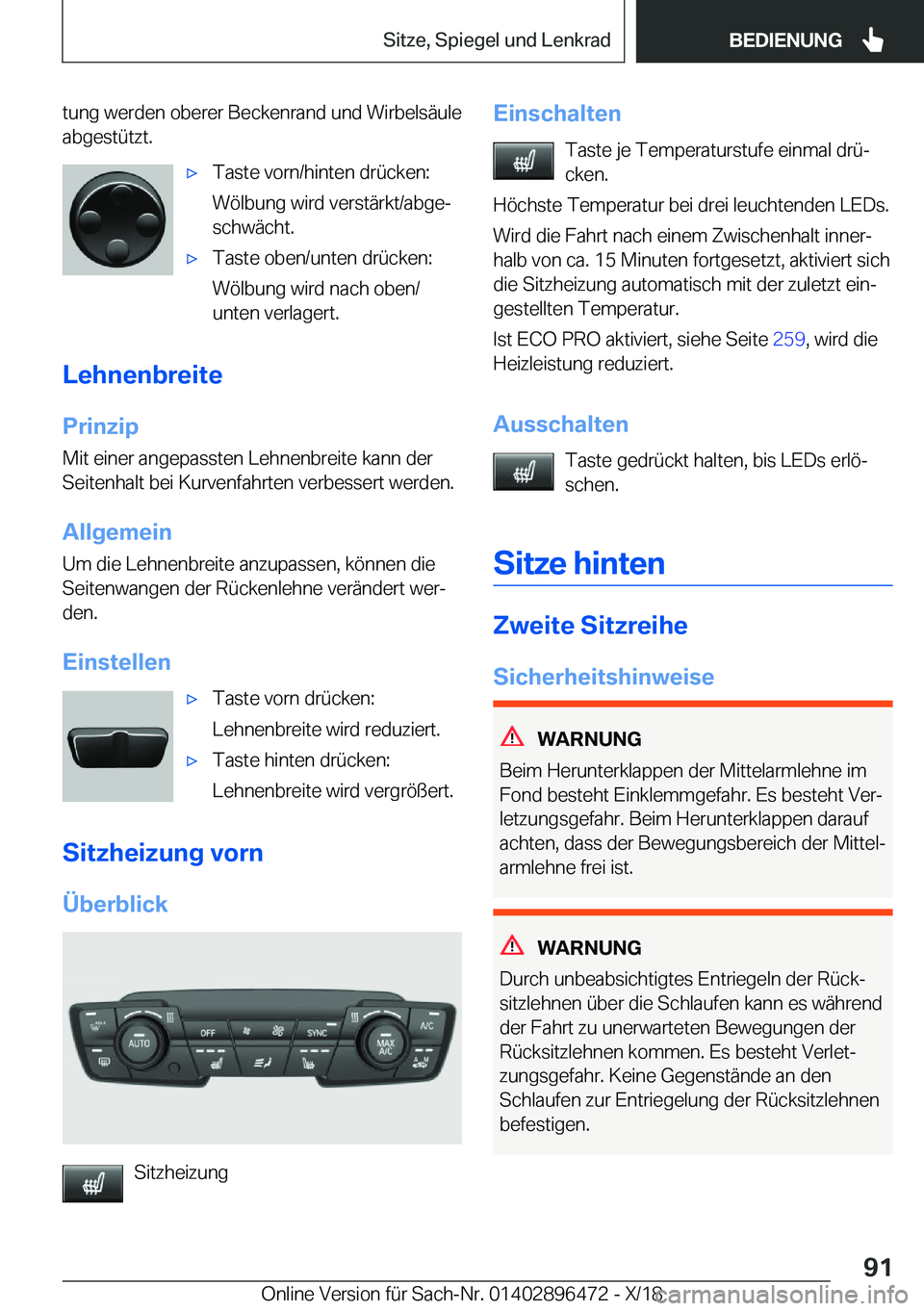 BMW X1 2019  Betriebsanleitungen (in German) �t�u�n�g��w�e�r�d�e�n��o�b�e�r�e�r��B�e�c�k�e�n�r�a�n�d��u�n�d��W�i�r�b�e�l�s�
