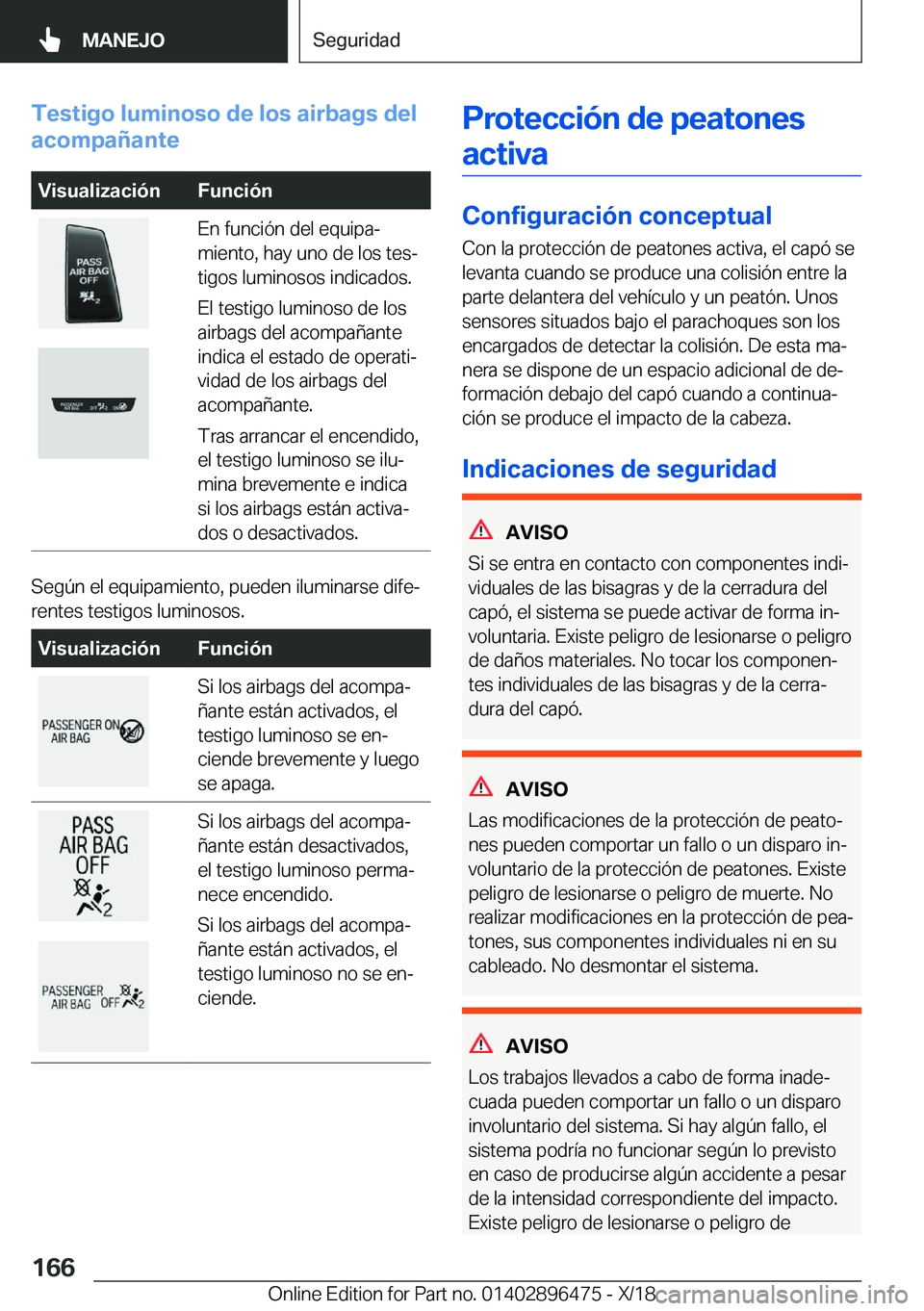 BMW X1 2019  Manuales de Empleo (in Spanish) �T�e�s�t�i�g�o��l�u�m�i�n�o�s�o��d�e��l�o�s��a�i�r�b�a�g�s��d�e�l
�a�c�o�m�p�a�
