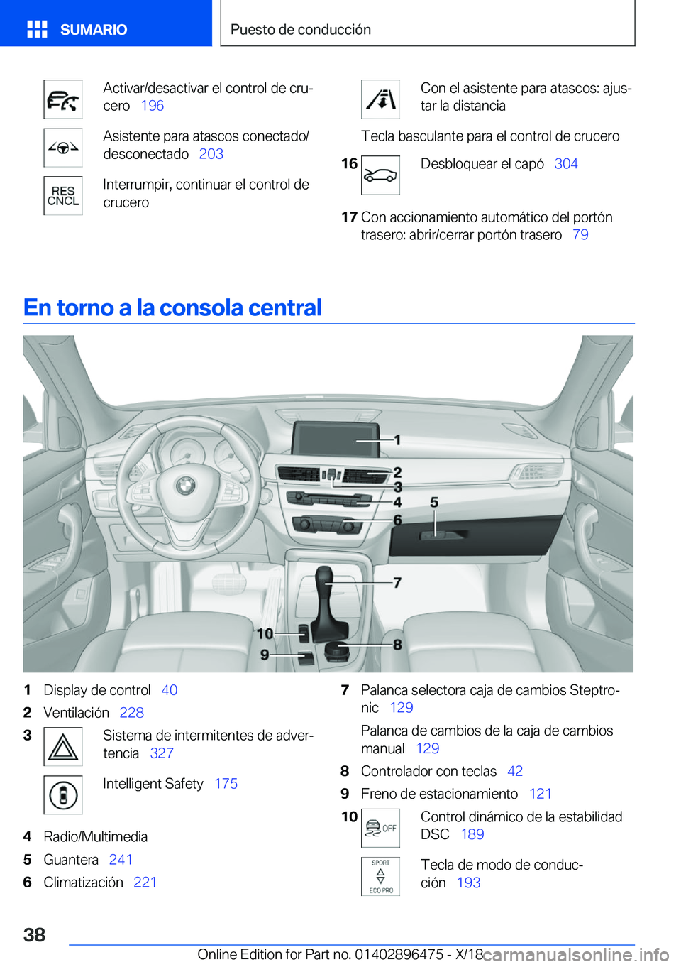 BMW X1 2019  Manuales de Empleo (in Spanish) �A�c�t�i�v�a�r�/�d�e�s�a�c�t�i�v�a�r��e�l��c�o�n�t�r�o�l��d�e��c�r�uª
�c�e�r�o\_ �1�9�6�A�s�i�s�t�e�n�t�e��p�a�r�a��a�t�a�s�c�o�s��c�o�n�e�c�t�a�d�o�/
�d�e�s�c�o�n�e�c�t�a�d�o\_ �2�0�3�I�
