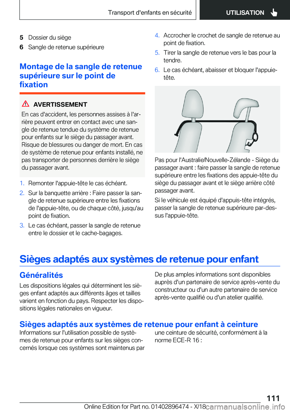 BMW X1 2019  Notices Demploi (in French) �5�D�o�s�s�i�e�r��d�u��s�i�è�g�e�6�S�a�n�g�l�e��d�e��r�e�t�e�n�u�e��s�u�p�é�r�i�e�u�r�e
�M�o�n�t�a�g�e��d�e��l�a��s�a�n�g�l�e��d�e��r�e�t�e�n�u�e
�s�u�p�é�r�i�e�u�r�e��s�u�r��l�e��p�o�