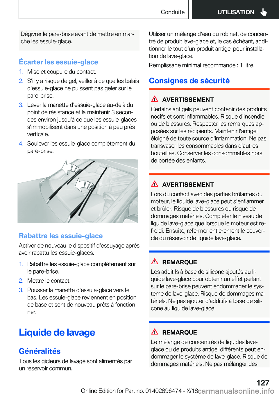 BMW X1 2019  Notices Demploi (in French) �D�é�g�i�v�r�e�r��l�e��p�a�r�e�-�b�r�i�s�e��a�v�a�n�t��d�e��m�e�t�t�r�e��e�n��m�a�rj
�c�h�e��l�e�s��e�s�s�u�i�e�-�g�l�a�c�e�.
�É�c�a�r�t�e�r��l�e�s��e�s�s�u�i�e�-�g�l�a�c�e�1�.�M�i�s�e�