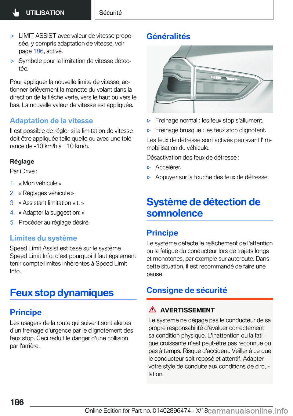 BMW X1 2019  Notices Demploi (in French) 'x�L�I�M�I�T��A�S�S�I�S�T��a�v�e�c��v�a�l�e�u�r��d�e��v�i�t�e�s�s�e��p�r�o�p�oj
�s�é�e�,��y��c�o�m�p�r�i�s��a�d�a�p�t�a�t�i�o�n��d�e��v�i�t�e�s�s�e�,��v�o�i�r
�p�a�g�e� �1�8�6�,��a