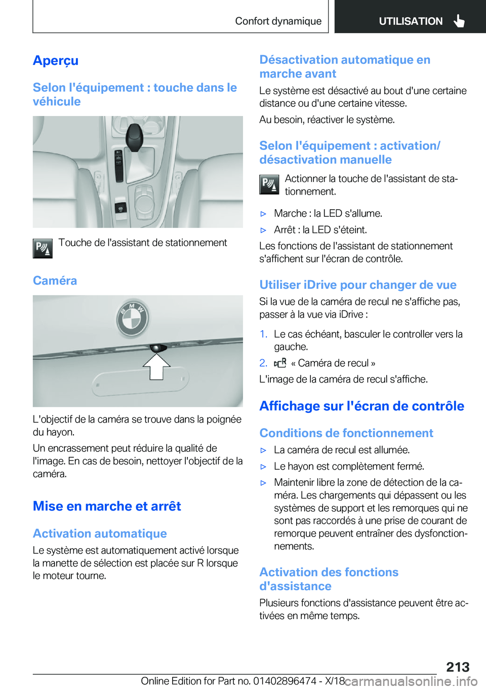 BMW X1 2019  Notices Demploi (in French) �A�p�e�r�ç�u
�S�e�l�o�n��l�'�é�q�u�i�p�e�m�e�n�t��:��t�o�u�c�h�e��d�a�n�s��l�e
�v�é�h�i�c�u�l�e
�T�o�u�c�h�e��d�e��l�'�a�s�s�i�s�t�a�n�t��d�e��s�t�a�t�i�o�n�n�e�m�e�n�t
�C�a�m�é�r