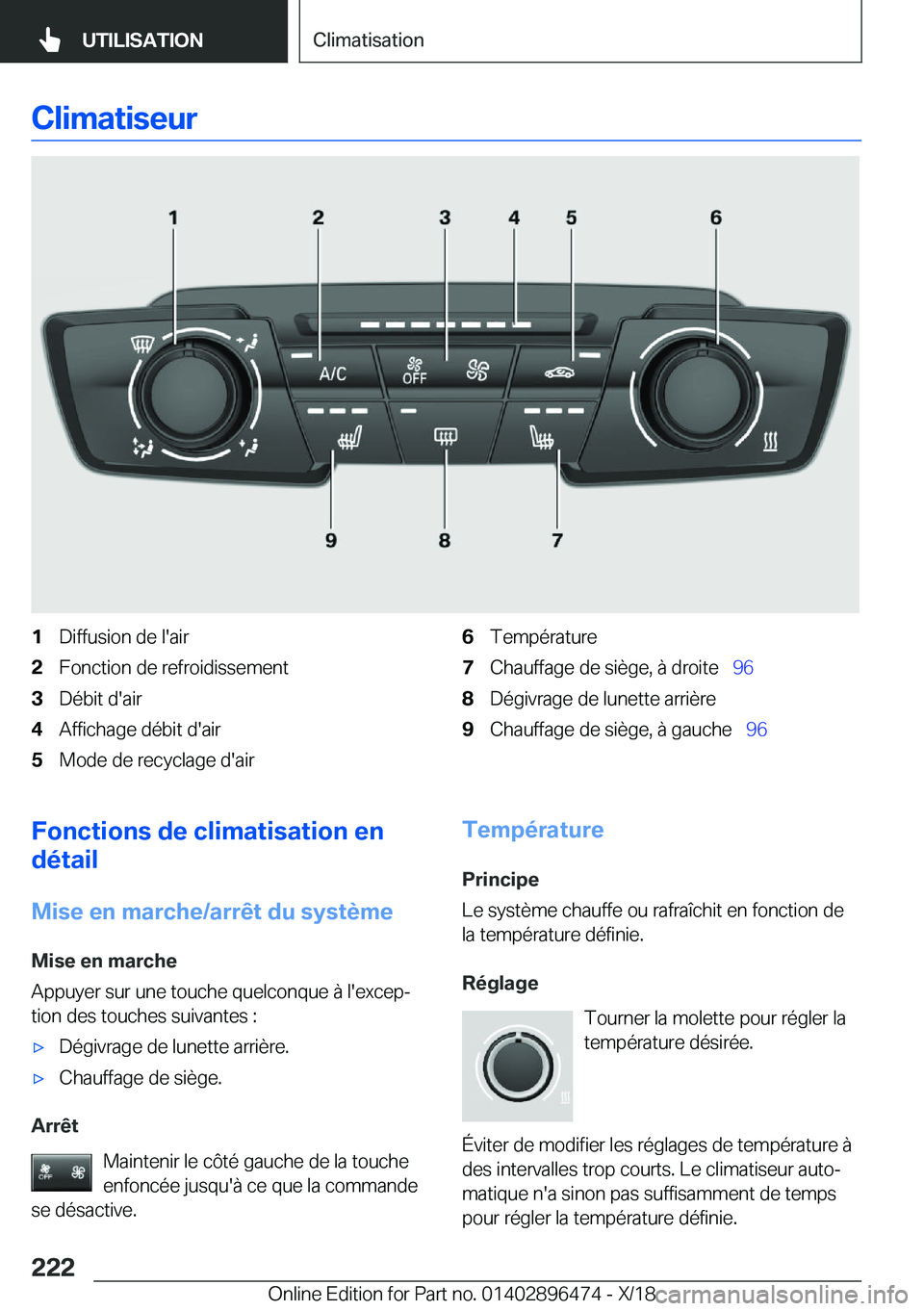 BMW X1 2019  Notices Demploi (in French) �C�l�i�m�a�t�i�s�e�u�r�1�D�i�f�f�u�s�i�o�n��d�e��l�'�a�i�r�2�F�o�n�c�t�i�o�n��d�e��r�e�f�r�o�i�d�i�s�s�e�m�e�n�t�3�D�é�b�i�t��d�'�a�i�r�4�A�f�f�i�c�h�a�g�e��d�é�b�i�t��d�'�a�i�r�5