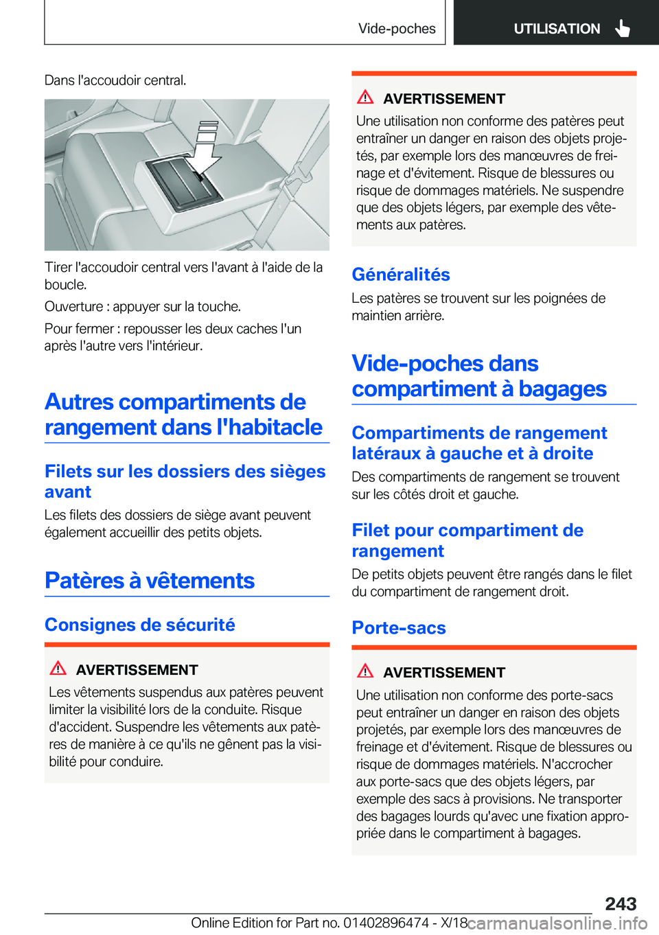 BMW X1 2019  Notices Demploi (in French) �D�a�n�s��l�'�a�c�c�o�u�d�o�i�r��c�e�n�t�r�a�l�.
�T�i�r�e�r��l�'�a�c�c�o�u�d�o�i�r��c�e�n�t�r�a�l��v�e�r�s��l�'�a�v�a�n�t��