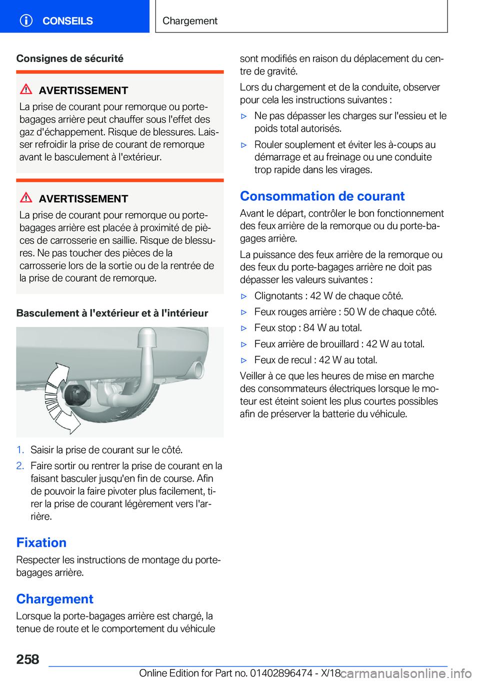 BMW X1 2019  Notices Demploi (in French) �C�o�n�s�i�g�n�e�s��d�e��s�é�c�u�r�i�t�é
�A�V�E�R�T�I�S�S�E�M�E�N�T
�L�a��p�r�i�s�e��d�e��c�o�u�r�a�n�t��p�o�u�r��r�e�m�o�r�q�u�e��o�u��p�o�r�t�e�-
�b�a�g�a�g�e�s��a�r�r�i�è�r�e��p�e�u�t