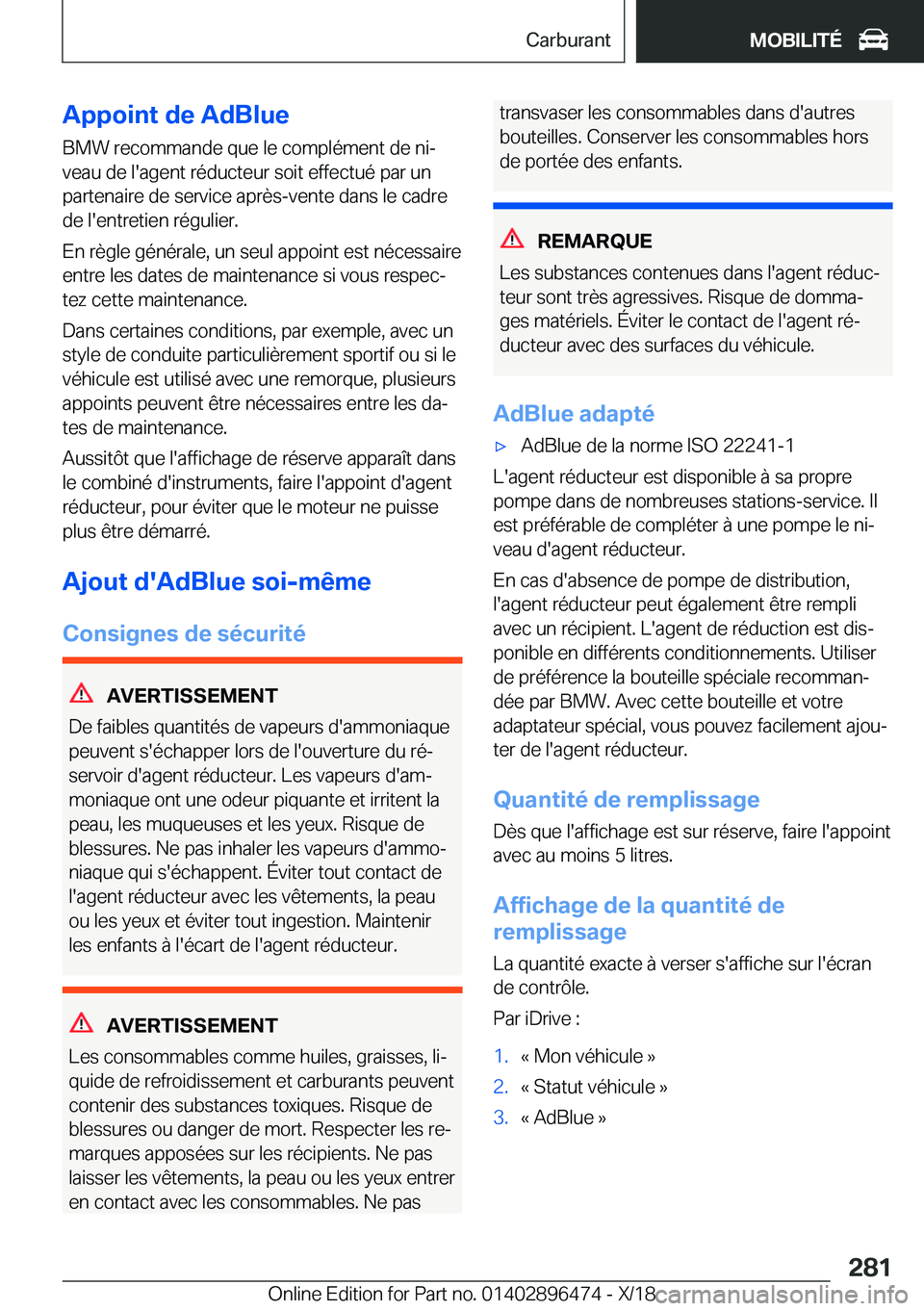 BMW X1 2019  Notices Demploi (in French) �A�p�p�o�i�n�t��d�e��A�d�B�l�u�e�B�M�W��r�e�c�o�m�m�a�n�d�e��q�u�e��l�e��c�o�m�p�l�é�m�e�n�t��d�e��n�ij�v�e�a�u��d�e��l�'�a�g�e�n�t��r�é�d�u�c�t�e�u�r��s�o�i�t��e�f�f�e�c�t�u�é��