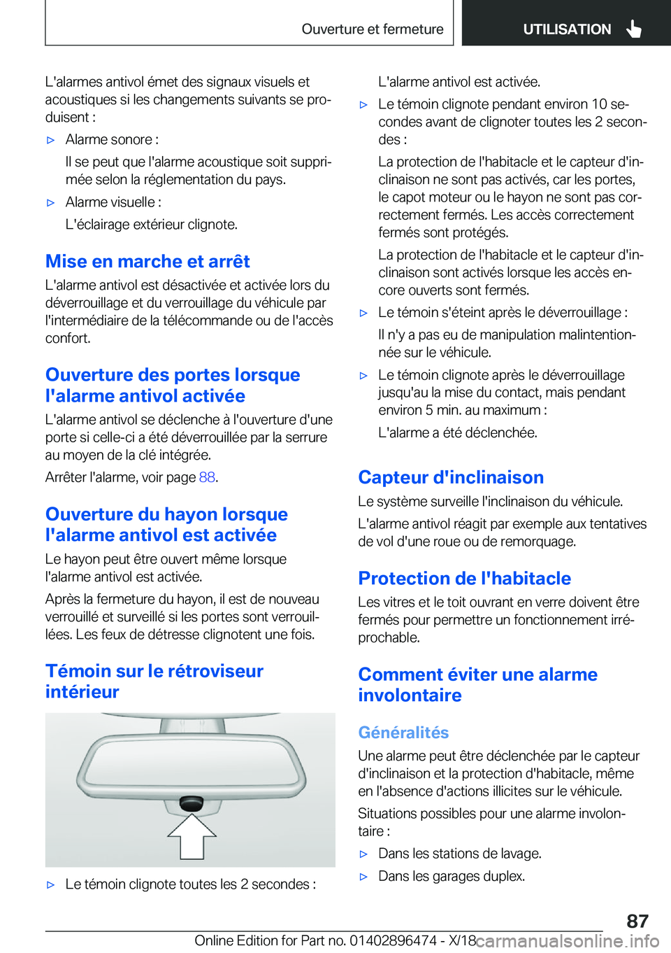 BMW X1 2019  Notices Demploi (in French) �L�'�a�l�a�r�m�e�s��a�n�t�i�v�o�l��é�m�e�t��d�e�s��s�i�g�n�a�u�x��v�i�s�u�e�l�s��e�t�a�c�o�u�s�t�i�q�u�e�s��s�i��l�e�s��c�h�a�n�g�e�m�e�n�t�s��s�u�i�v�a�n�t�s��s�e��p�r�oj
�d�u�i�s�e