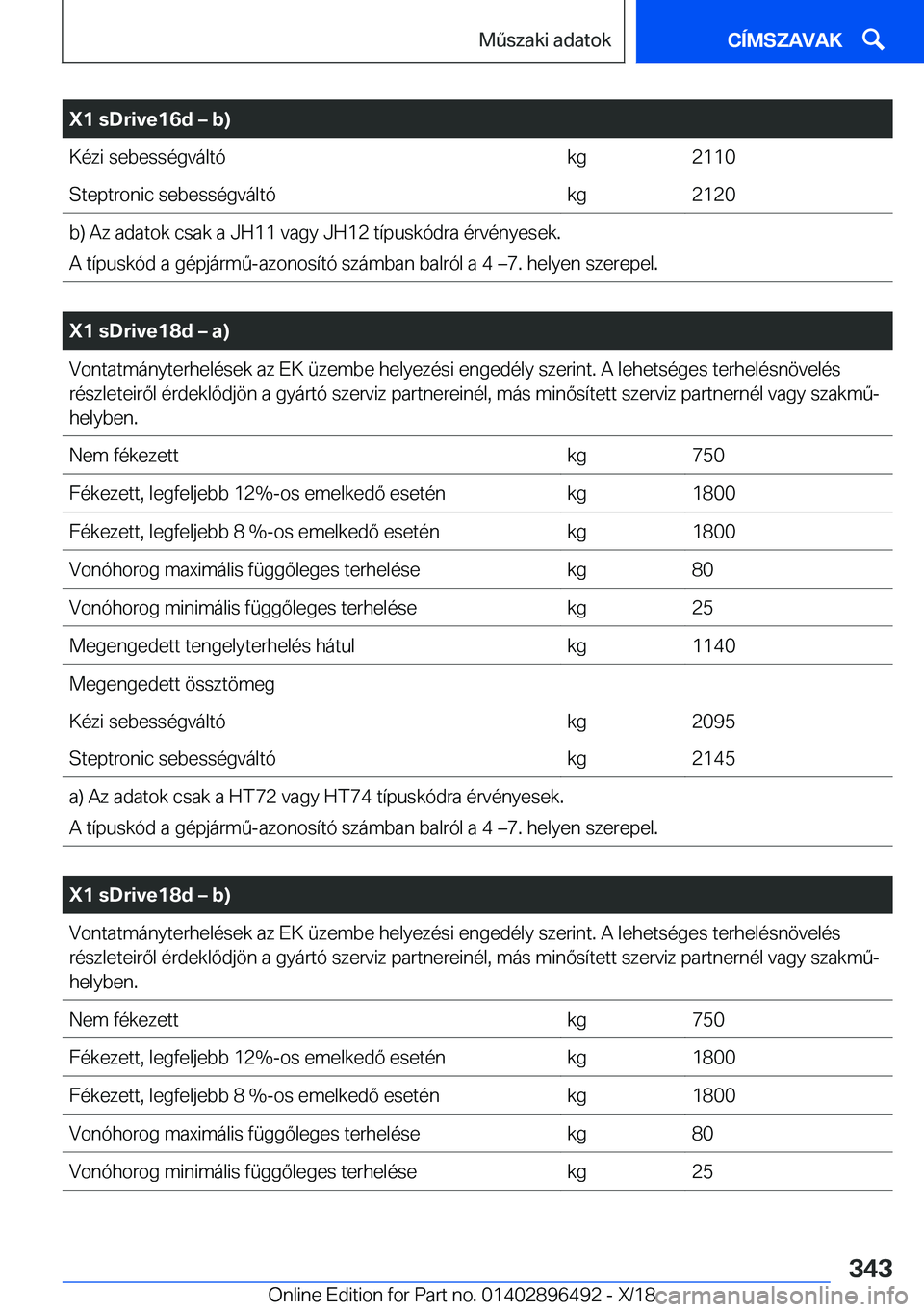 BMW X1 2019  Kezelési útmutató (in Hungarian) �X�1��s�D�r�i�v�e�1�6�d�m��b�)�K�
