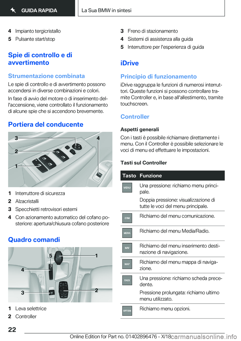 BMW X1 2019  Libretti Di Uso E manutenzione (in Italian) �4�I�m�p�i�a�n�t�o��t�e�r�g�i�c�r�i�s�t�a�l�l�o�5�P�u�l�s�a�n�t�e��s�t�a�r�t�/�s�t�o�p
�S�p�i�e��d�i��c�o�n�t�r�o�l�l�o��e��d�i
�a�v�v�e�r�t�i�m�e�n�t�o
�S�t�r�u�m�e�n�t�a�z�i�o�n�e��c�o�m�b�i�