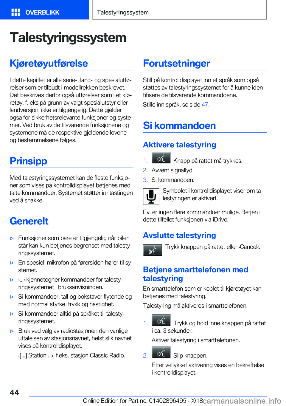 BMW X1 2019  InstruksjonsbØker (in Norwegian) �T�a�l�e�s�t�y�r�i�n�g�s�s�y�s�t�e�m�K�j�