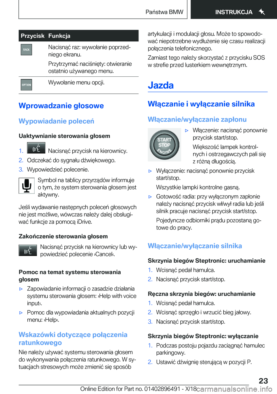 BMW X1 2019  Instrukcja obsługi (in Polish) �P�r�z�y�c�i�s�k�F�u�n�k�c�j�a�N�a�c�i�s�n�