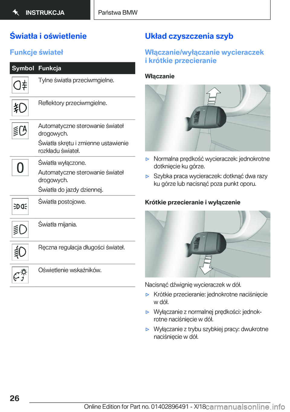 BMW X1 2019  Instrukcja obsługi (in Polish) �w�i�a�t�ł�a��i��o�w�i�e�t�l�e�n�i�e
�F�u�n�k�c�j�e��w�i�a�t�e�ł�S�y�m�b�o�l�F�u�n�k�c�j�a�T�y�l�n�e��w�i�a�t�ł�a��p�r�z�e�c�i�w�m�g�i�e�l�n�e�.�R�e�f�l�e�k�t�o�r�y��p�r�z�e�c�i�w�m�g