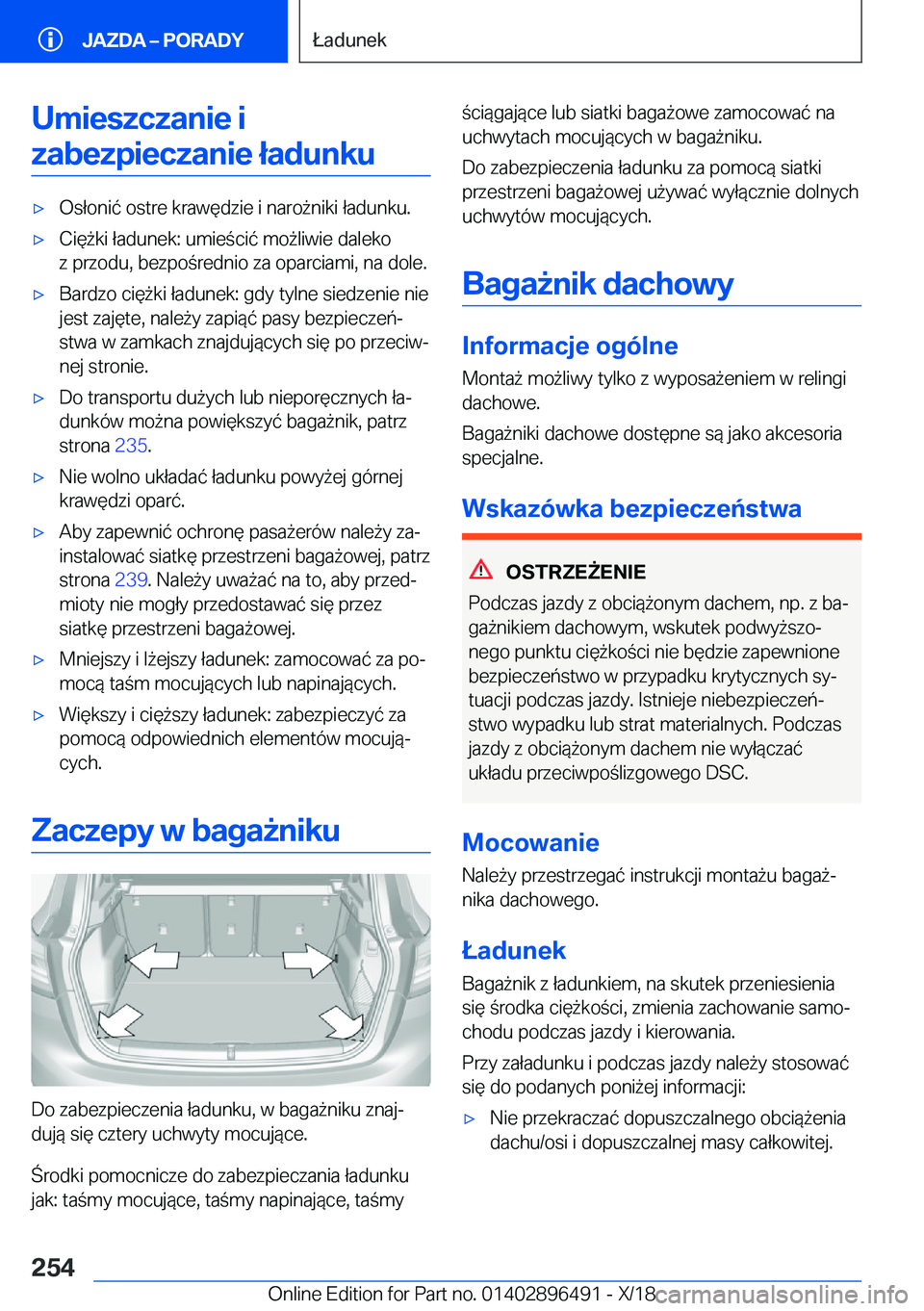 BMW X1 2019  Instrukcja obsługi (in Polish) �U�m�i�e�s�z�c�z�a�n�i�e��i�z�a�b�e�z�p�i�e�c�z�a�n�i�e��ł�a�d�u�n�k�u'x�O�s�ł�o�n�i�