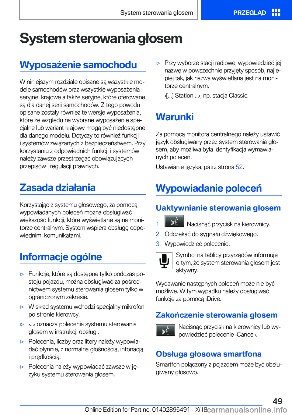 BMW X1 2019  Instrukcja obsługi (in Polish) �S�y�s�t�e�m��s�t�e�r�o�w�a�n�i�a��g�ł�o�s�e�m�W�y�p�o�s�a9�e�n�i�e��s�a�m�o�c�h�o�d�u
�W��n�i�n�i�e�j�s�z�y�m��r�o�z�d�z�i�a�l�e��o�p�i�s�a�n�e��s�