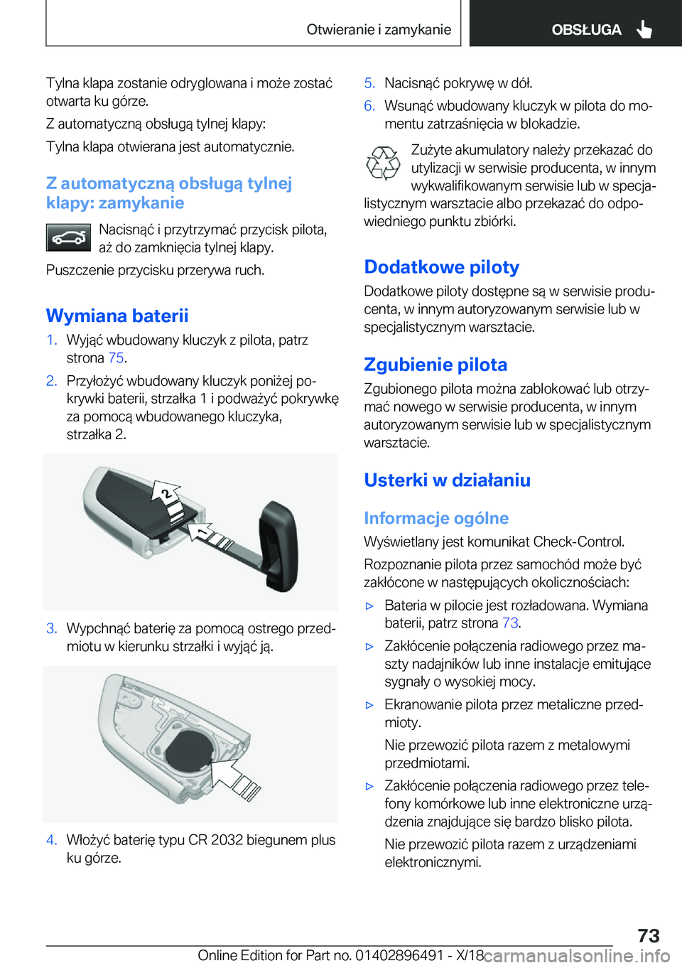 BMW X1 2019  Instrukcja obsługi (in Polish) �T�y�l�n�a��k�l�a�p�a��z�o�s�t�a�n�i�e��o�d�r�y�g�l�o�w�a�n�a��i��m�o9�e��z�o�s�t�a�