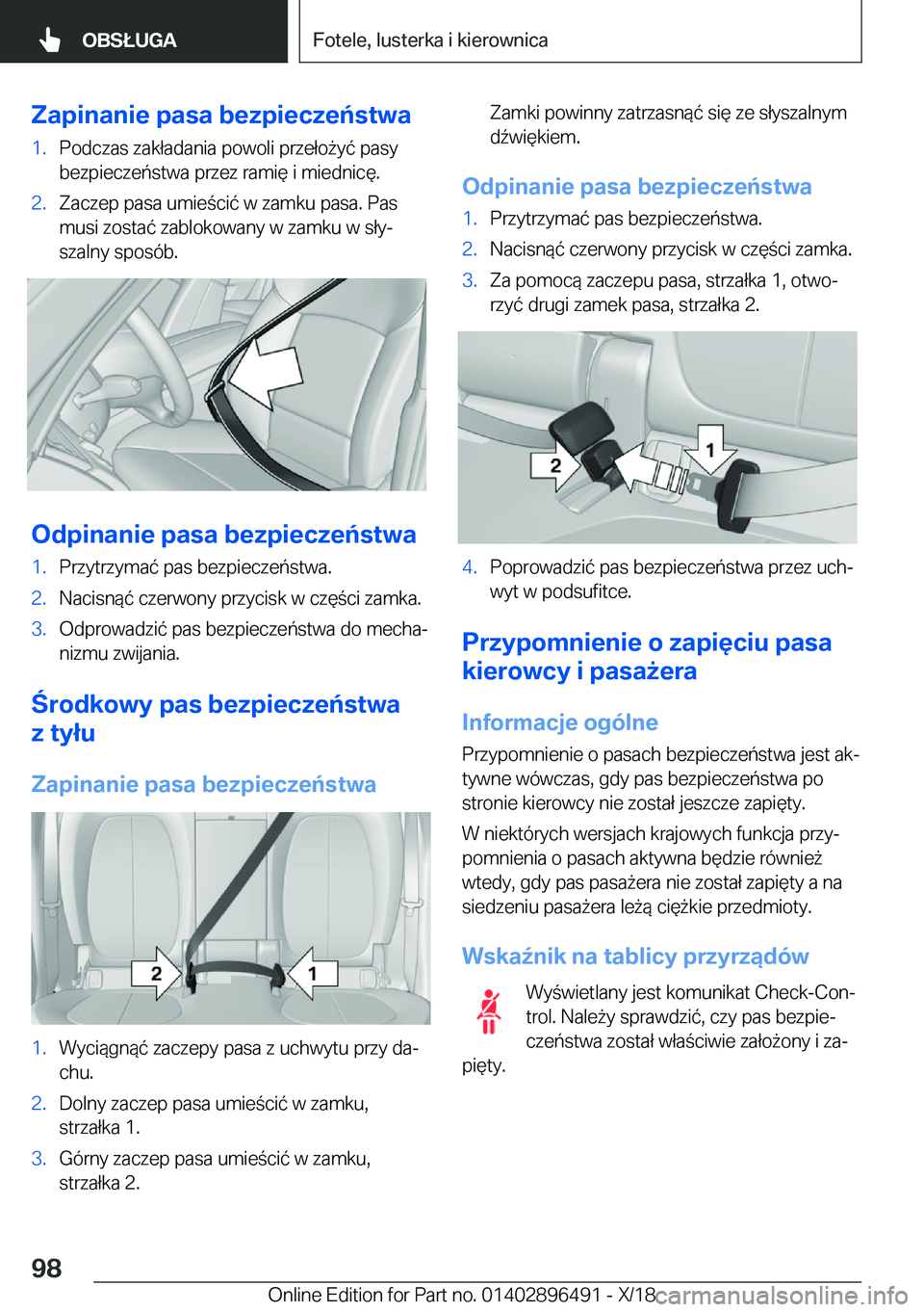 BMW X1 2019  Instrukcja obsługi (in Polish) �Z�a�p�i�n�a�n�i�e��p�a�s�a��b�e�z�p�i�e�c�z�e�