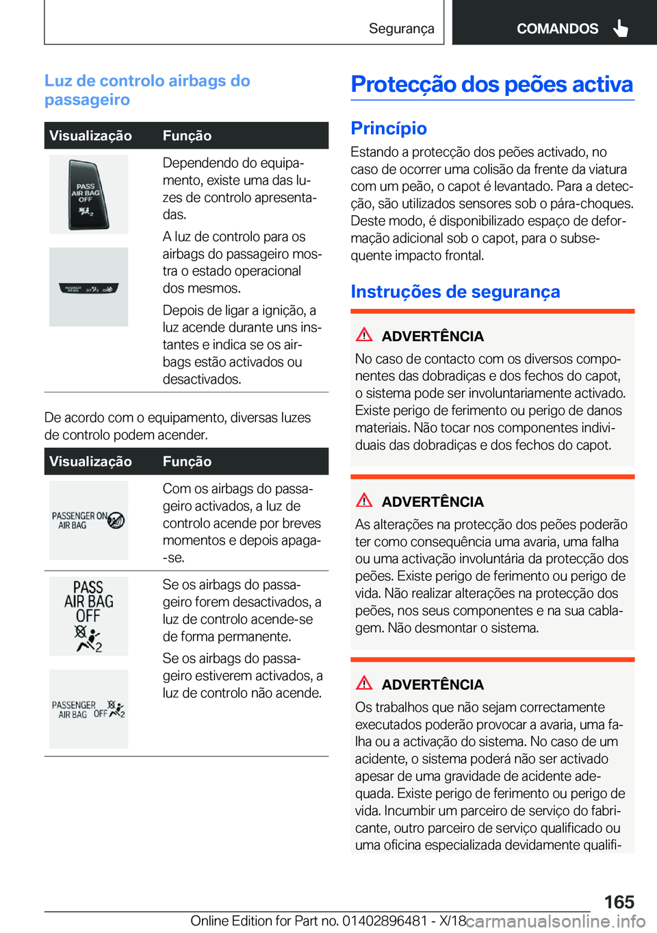 BMW X1 2019  Manual do condutor (in Portuguese) �L�u�z��d�e��c�o�n�t�r�o�l�o��a�i�r�b�a�g�s��d�o
�p�a�s�s�a�g�e�i�r�o�V�i�s�u�a�l�i�z�a�