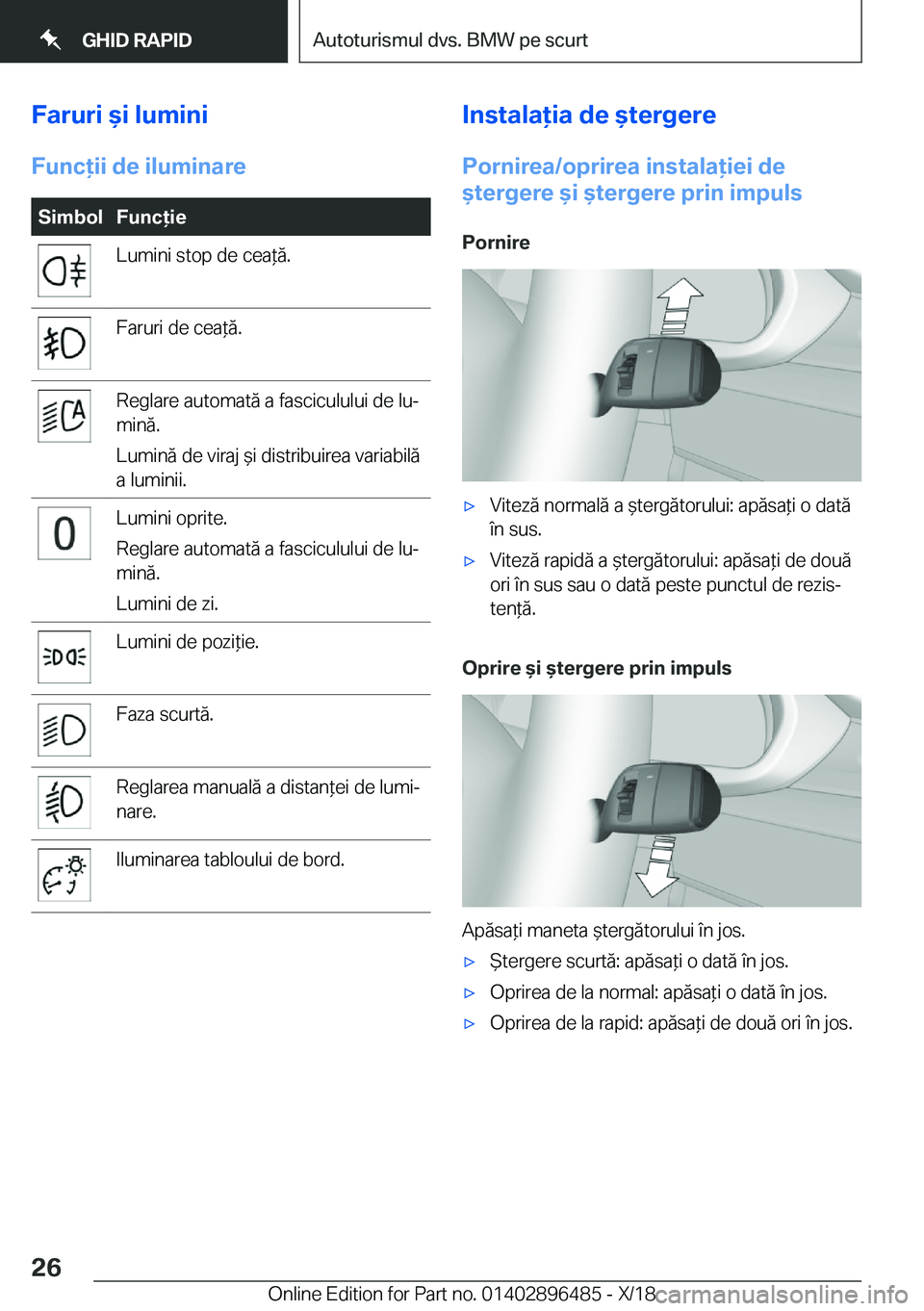BMW X1 2019  Ghiduri De Utilizare (in Romanian) �F�a�r�u�r�i�&�i��l�u�m�i�n�i�F�u�n�c�i�i��d�e��i�l�u�m�i�n�a�r�e�S�i�m�b�o�l�F�u�n�c�i�e�L�u�m�i�n�i��s�t�o�p��d�e��c�e�a*�