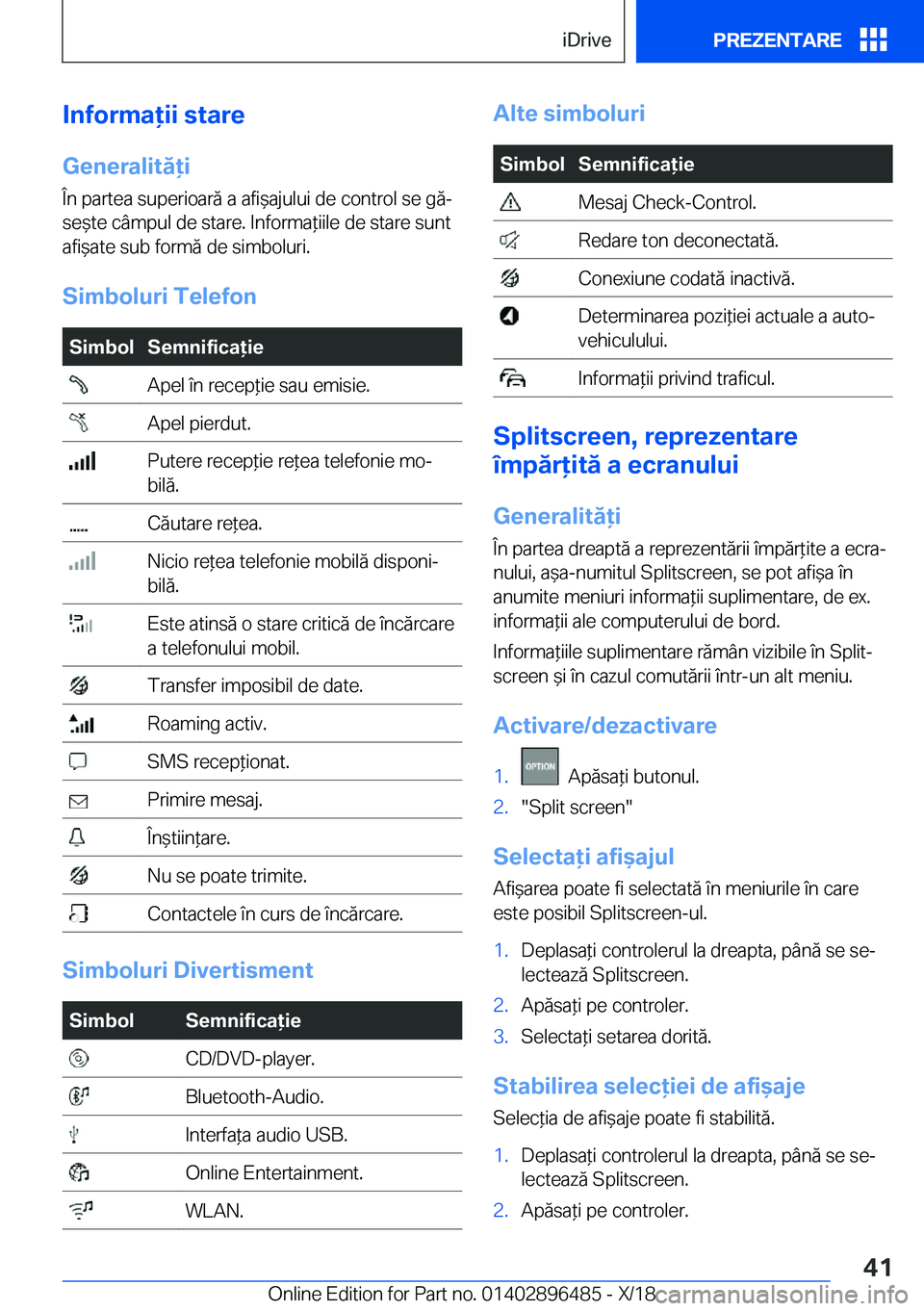 BMW X1 2019  Ghiduri De Utilizare (in Romanian) �I�n�f�o�r�m�a�i�i��s�t�a�r�e�G�e�n�e�r�a�l�i�t�