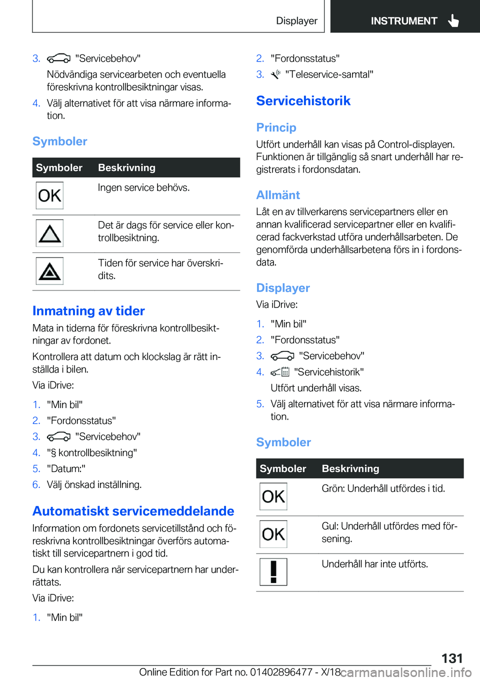 BMW X1 2019  InstruktionsbÖcker (in Swedish) �3�.����S�e�r�v�i�c�e�b�e�h�o�v�
�N�