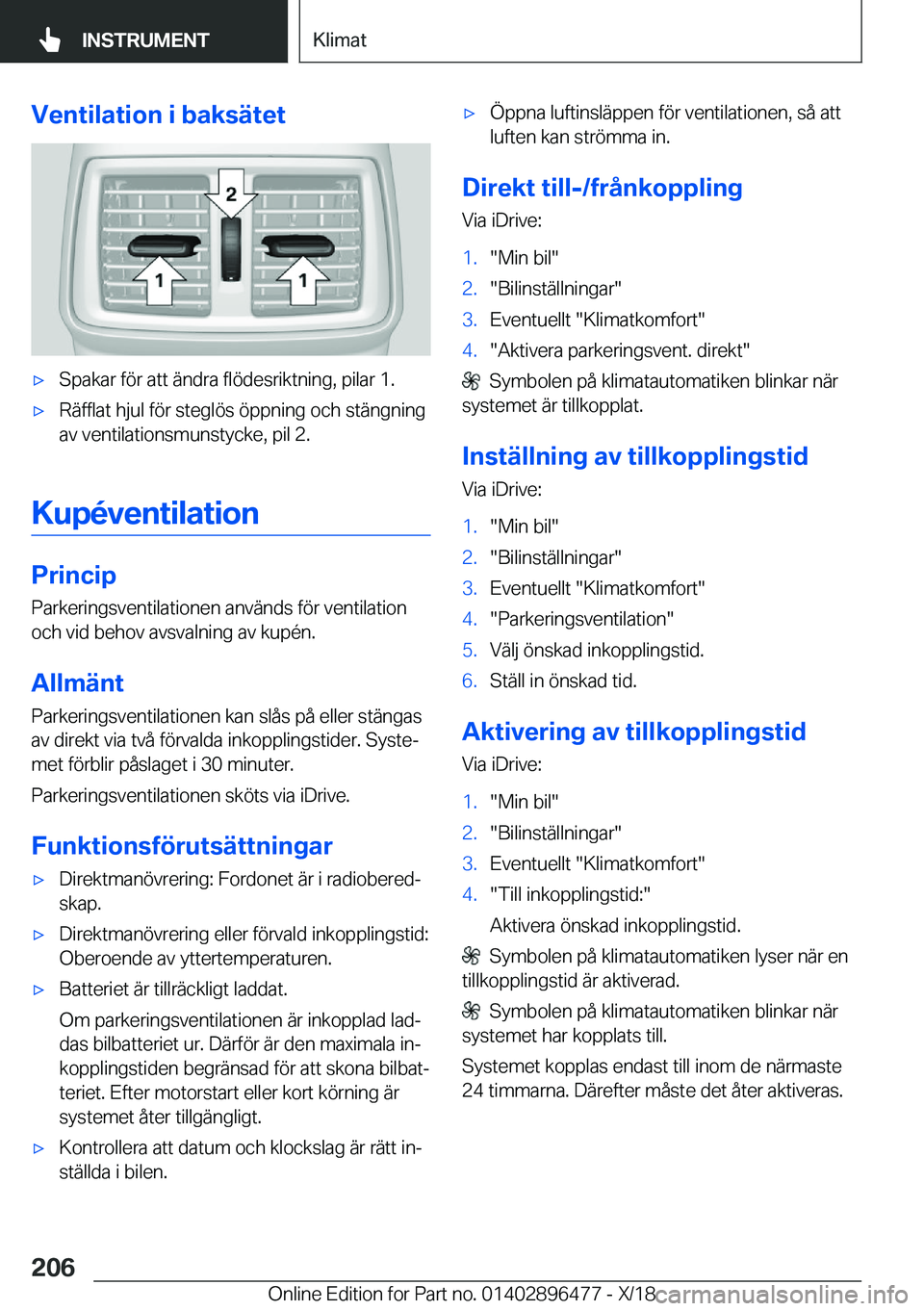 BMW X1 2019  InstruktionsbÖcker (in Swedish) �V�e�n�t�i�l�a�t�i�o�n��i��b�a�k�s�ä�t�e�tx�S�p�a�k�a�r��f�