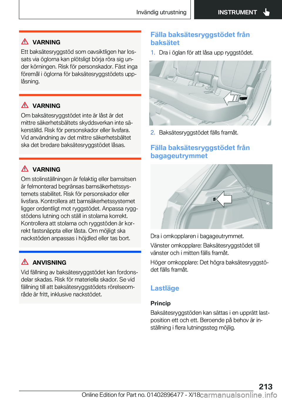 BMW X1 2019  InstruktionsbÖcker (in Swedish) �V�A�R�N�I�N�G
�E�t�t��b�a�k�s�ä�t�e�s�r�y�g�g�s�t�