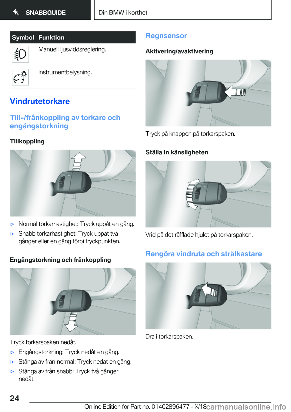BMW X1 2019  InstruktionsbÖcker (in Swedish) �S�y�m�b�o�l�F�u�n�k�t�i�o�n�M�a�n�u�e�l�l��l�j�u�s�v�i�d�d�s�r�e�g�l�e�r�i�n�g�.�I�n�s�t�r�u�m�e�n�t�b�e�l�y�s�n�i�n�g�.
�V�i�n�d�r�u�t�e�t�o�r�k�a�r�e
�T�i�l�l�-�/�f�r�å�n�k�o�p�p�l�i�n�g��a�v��