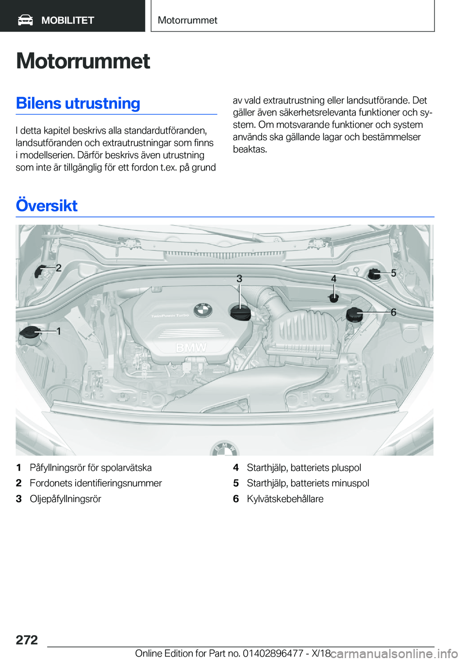 BMW X1 2019  InstruktionsbÖcker (in Swedish) �M�o�t�o�r�r�u�m�m�e�t�B�i�l�e�n�s��u�t�r�u�s�t�n�i�n�g
�I��d�e�t�t�a��k�a�p�i�t�e�l��b�e�s�k�r�i�v�s��a�l�l�a��s�t�a�n�d�a�r�d�u�t�f�