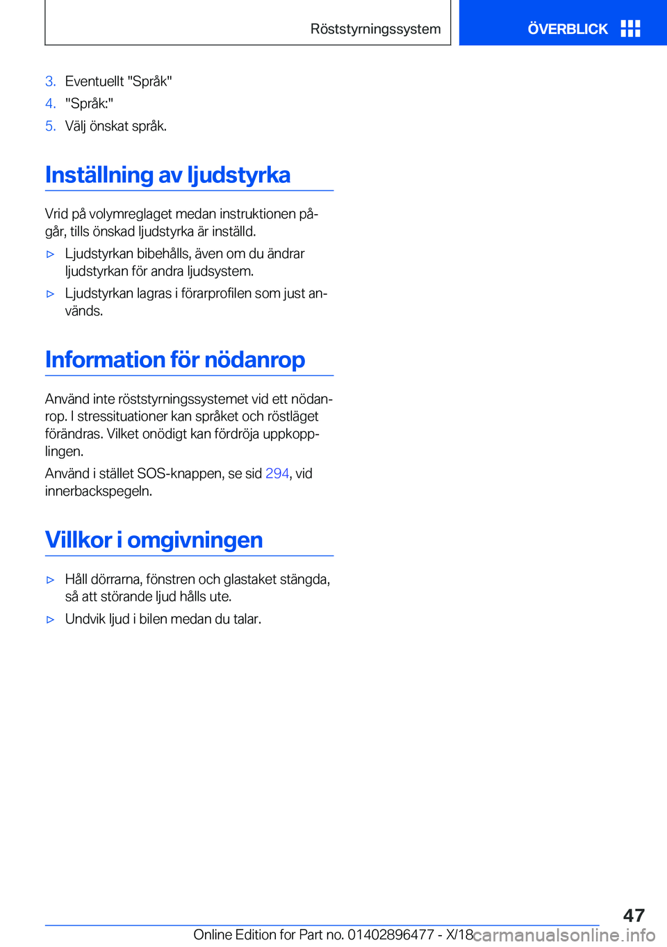 BMW X1 2019  InstruktionsbÖcker (in Swedish) �3�.�E�v�e�n�t�u�e�l�l�t���S�p�r�å�k��4�.��S�p�r�å�k�:��5�.�V�ä�l�j��