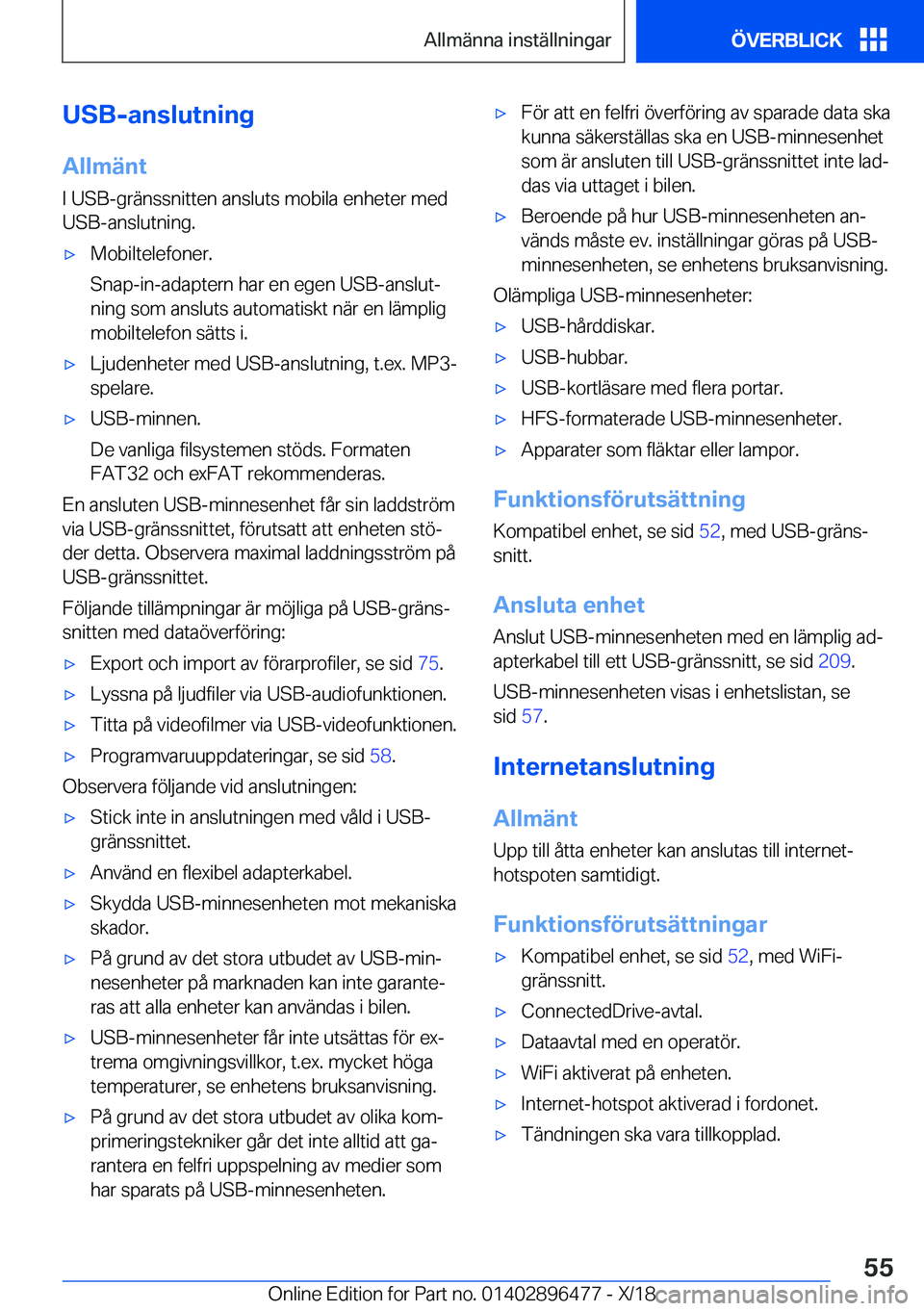 BMW X1 2019  InstruktionsbÖcker (in Swedish) �U�S�B�-�a�n�s�l�u�t�n�i�n�g
�A�l�l�m�ä�n�t
�I��U�S�B�-�g�r�ä�n�s�s�n�i�t�t�e�n��a�n�s�l�u�t�s��m�o�b�i�l�a��e�n�h�e�t�e�r��m�e�d
�U�S�B�-�a�n�s�l�u�t�n�i�n�g�.x�M�o�b�i�l�t�e�l�e�f�o�n�e�r�.

