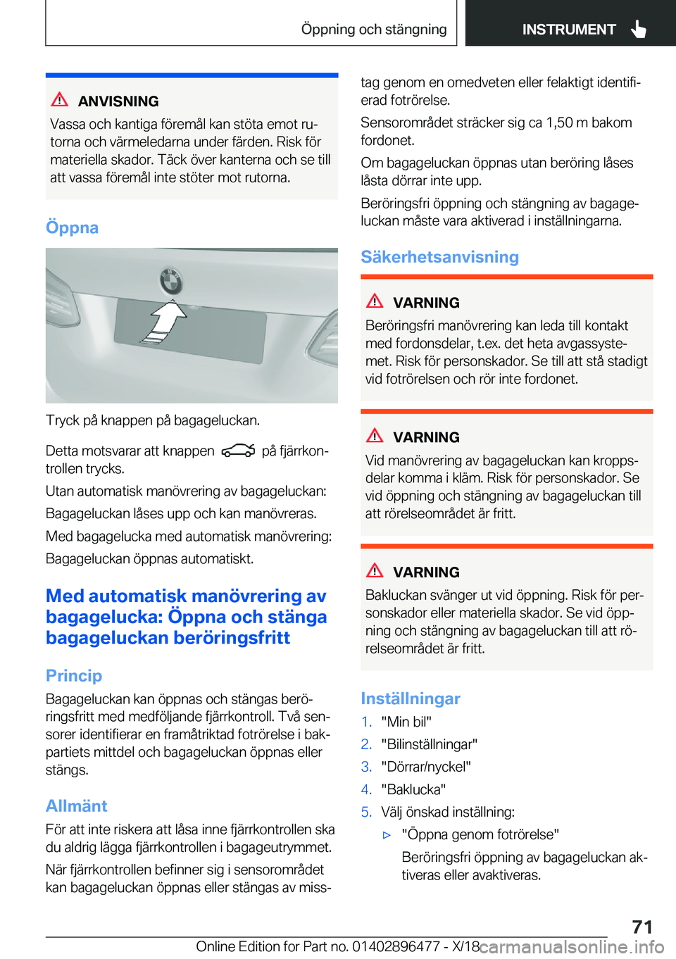 BMW X1 2019  InstruktionsbÖcker (in Swedish) �A�N�V�I�S�N�I�N�G
�V�a�s�s�a��o�c�h��k�a�n�t�i�g�a��f�