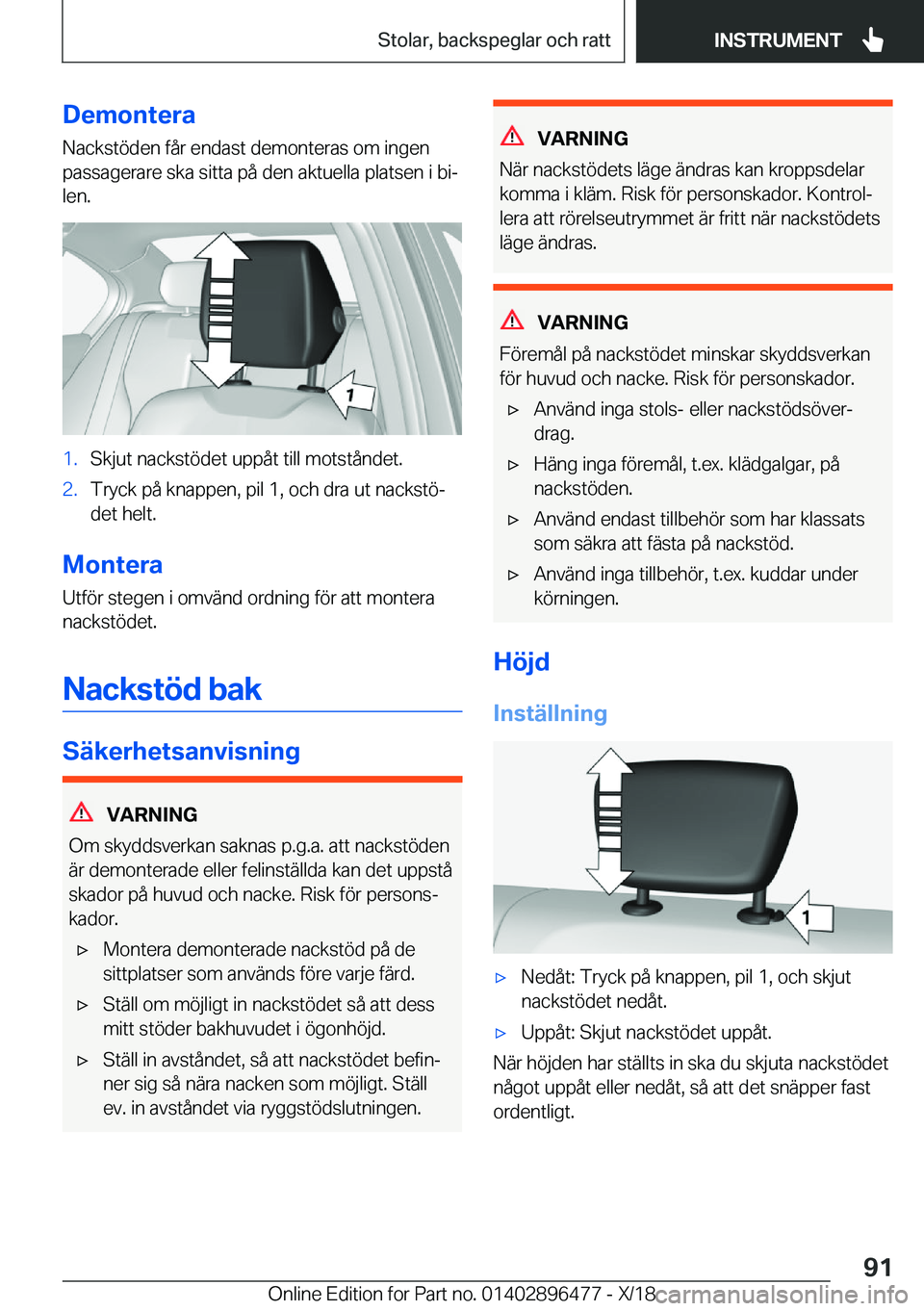 BMW X1 2019  InstruktionsbÖcker (in Swedish) �D�e�m�o�n�t�e�r�a
�N�a�c�k�s�t�