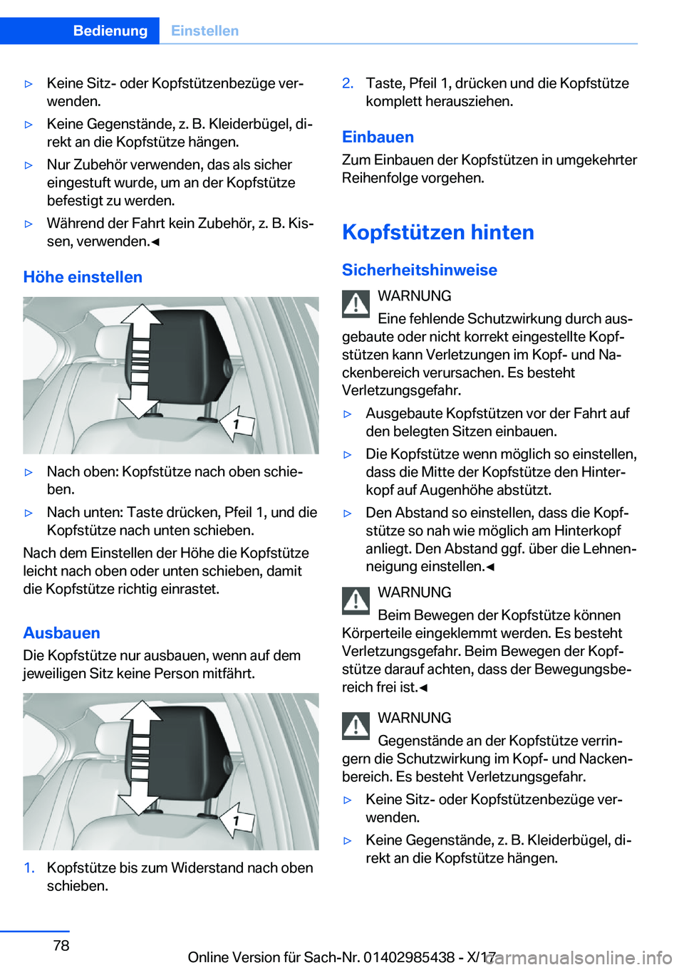 BMW X1 2018  Betriebsanleitungen (in German) y�K�e�i�n�e� �S�i�t�z�-� �o�d�e�r� �K�o�p�f�s�t�