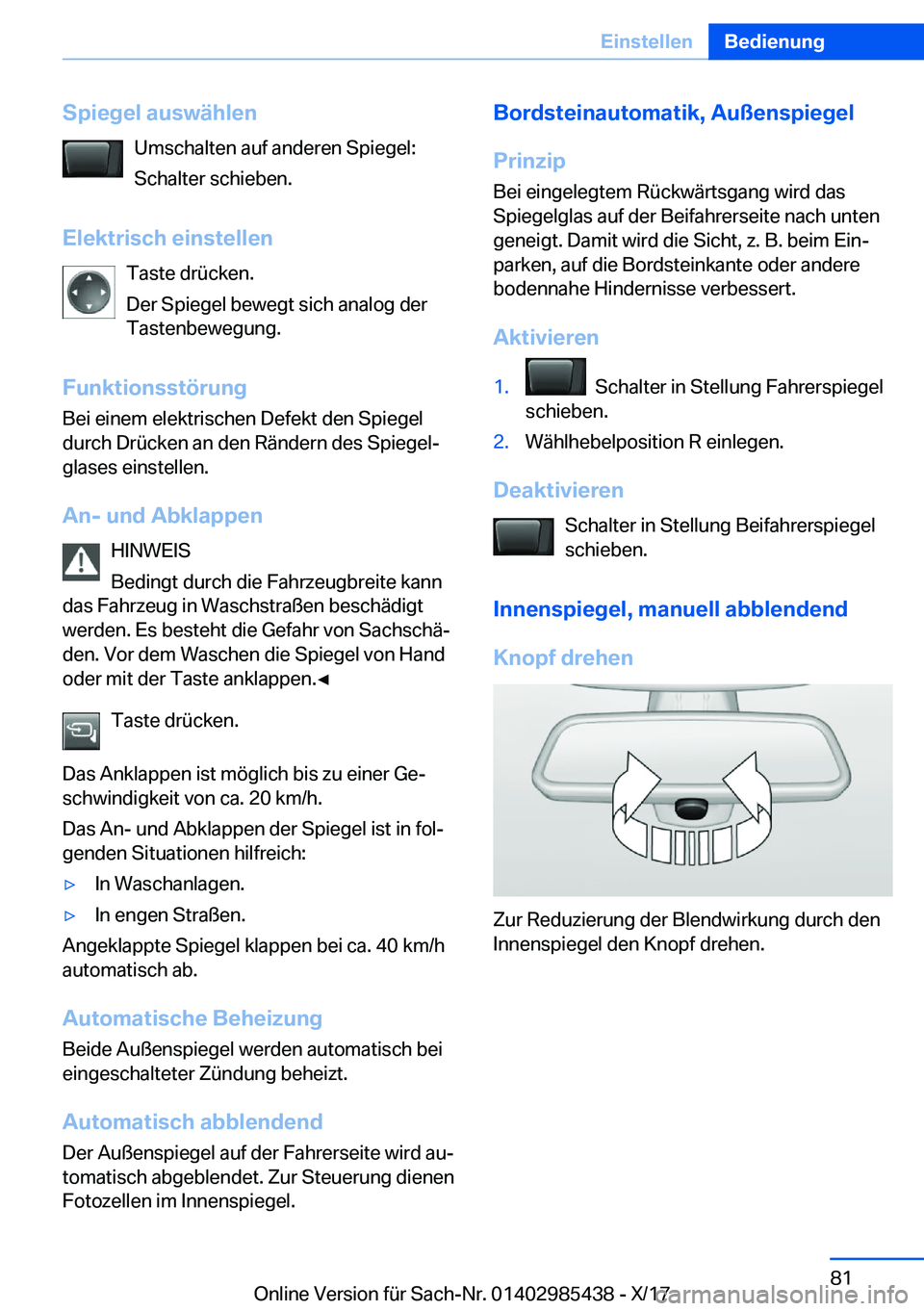 BMW X1 2018  Betriebsanleitungen (in German) �S�p�i�e�g�e�l��a�u�s�w�