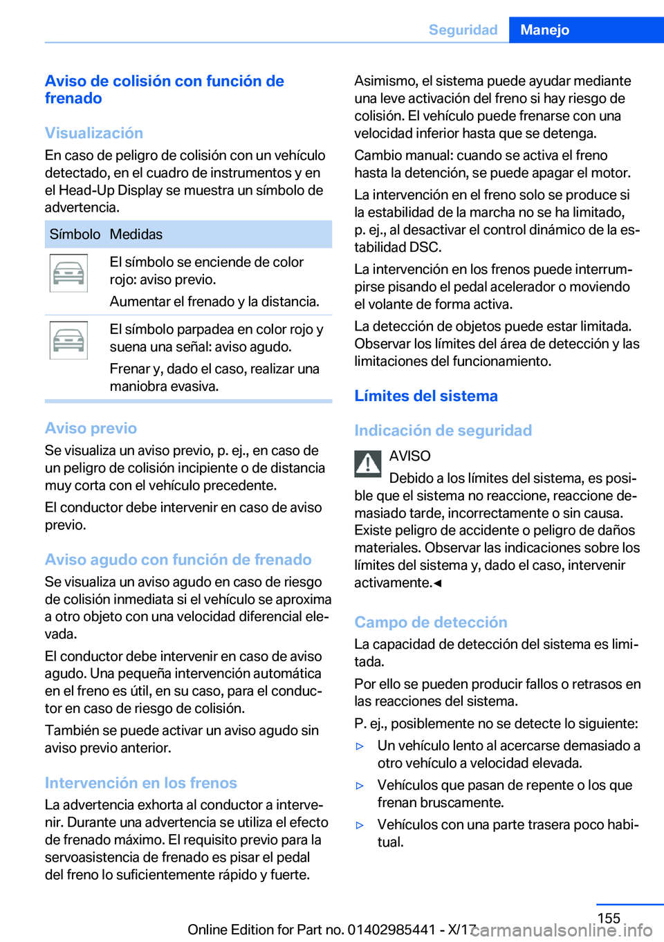 BMW X1 2018  Manuales de Empleo (in Spanish) �A�v�i�s�o��d�e��c�o�l�i�s�i�