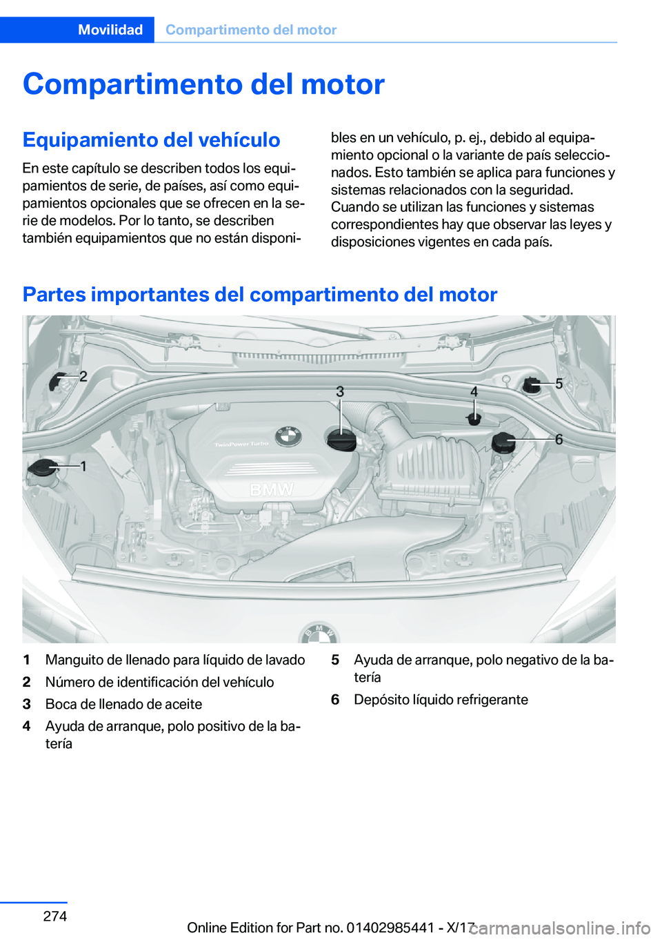 BMW X1 2018  Manuales de Empleo (in Spanish) �C�o�m�p�a�r�t�i�m�e�n�t�o��d�e�l��m�o�t�o�r�E�q�u�i�p�a�m�i�e�n�t�o��d�e�l��v�e�h�
