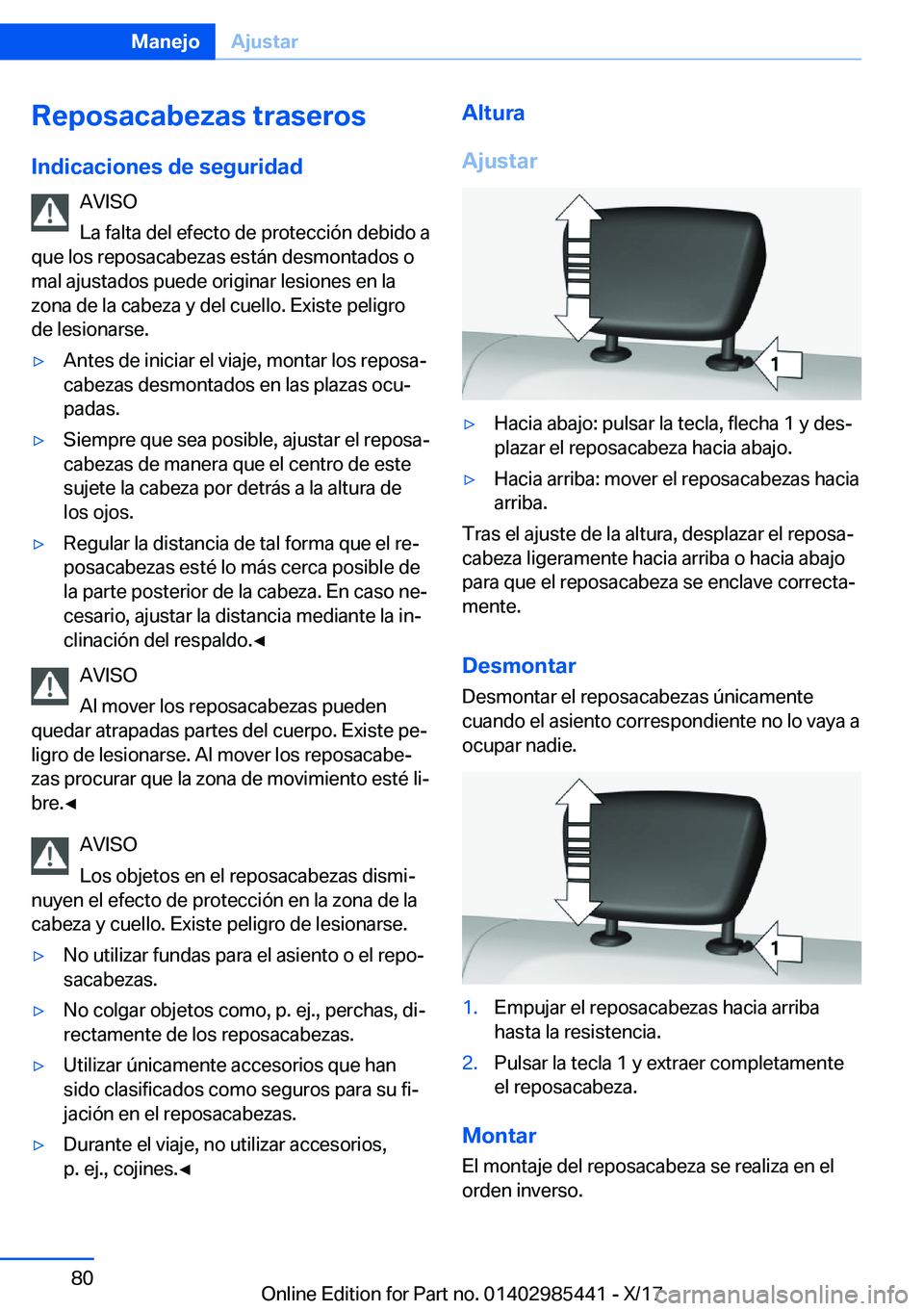 BMW X1 2018  Manuales de Empleo (in Spanish) �R�e�p�o�s�a�c�a�b�e�z�a�s��t�r�a�s�e�r�o�s
�I�n�d�i�c�a�c�i�o�n�e�s��d�e��s�e�g�u�r�i�d�a�d �A�V�I�S�O
�L�a� �f�a�l�t�a� �d�e�l� �e�f�e�c�t�o� �d�e� �p�r�o�t�e�c�c�i�