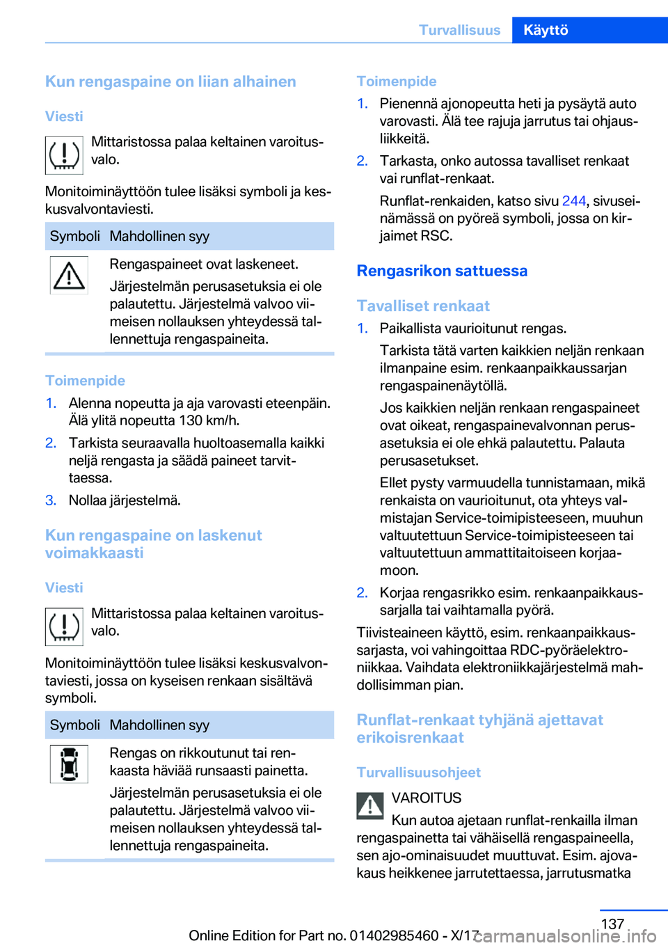 BMW X1 2018  Omistajan Käsikirja (in Finnish) �K�u�n��r�e�n�g�a�s�p�a�i�n�e��o�n��l�i�i�a�n��a�l�h�a�i�n�e�n�V�i�e�s�t�i �M�i�t�t�a�r�i�s�t�o�s�s�a� �p�a�l�a�a� �k�e�l�t�a�i�n�e�n� �v�a�r�o�i�t�u�sj
�v�a�l�o�.
�M�o�n�i�t�o�i�m�i�n�