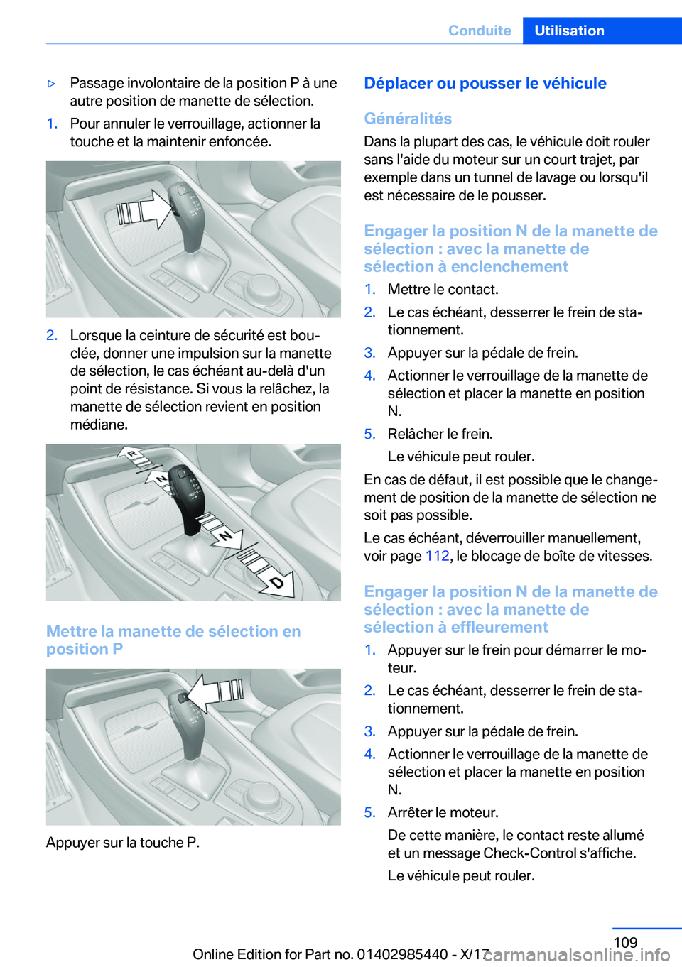 BMW X1 2018  Notices Demploi (in French) 'y�P�a�s�s�a�g�e� �i�n�v�o�l�o�n�t�a�i�r�e� �d�e� �l�a� �p�o�s�i�t�i�o�n� �P� �