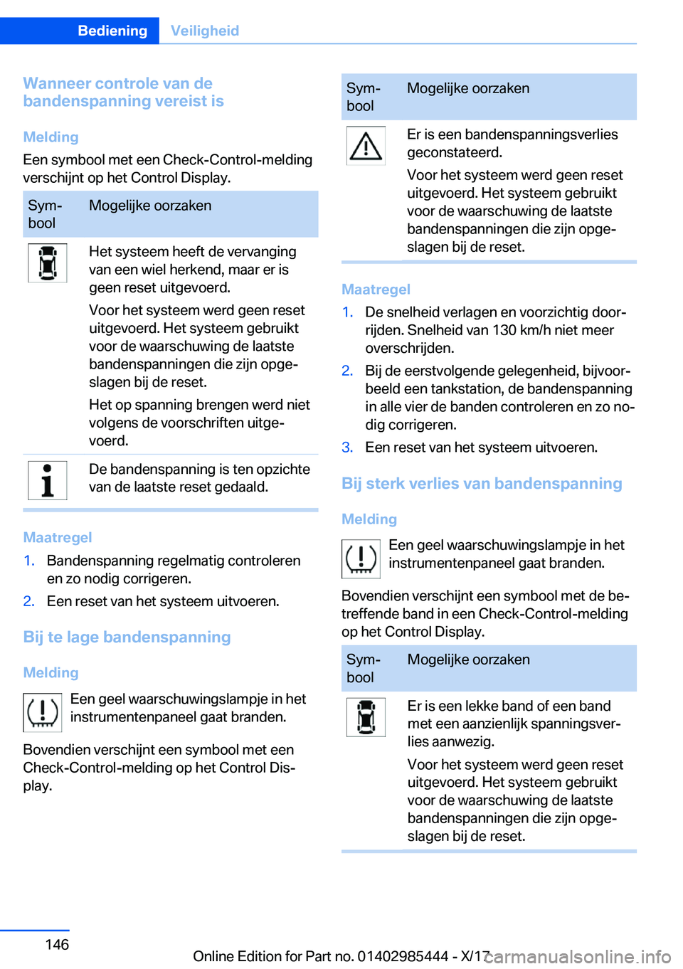 BMW X1 2018  Instructieboekjes (in Dutch) �W�a�n�n�e�e�r��c�o�n�t�r�o�l�e��v�a�n��d�e
�b�a�n�d�e�n�s�p�a�n�n�i�n�g��v�e�r�e�i�s�t��i�s
�M�e�l�d�i�n�g
�E�e�n� �s�y�m�b�o�o�l� �m�e�t� �e�e�n� �C�h�e�c�k�-�C�o�n�t�r�o�l�-�m�e�l�d�i�n�g
�v�e