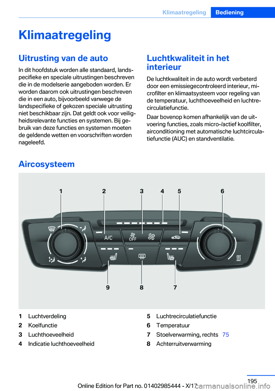 BMW X1 2018  Instructieboekjes (in Dutch) �K�l�i�m�a�a�t�r�e�g�e�l�i�n�g�U�i�t�r�u�s�t�i�n�g��v�a�n��d�e��a�u�t�o�I�n� �d�i�t� �h�o�o�f�d�s�t�u�k� �w�o�r�d�e�n� �a�l�l�e� �s�t�a�n�d�a�a�r�d�,� �l�a�n�d�sj
�p�e�c�i�f�i�e�k�e� �e�n� �s�p�e�