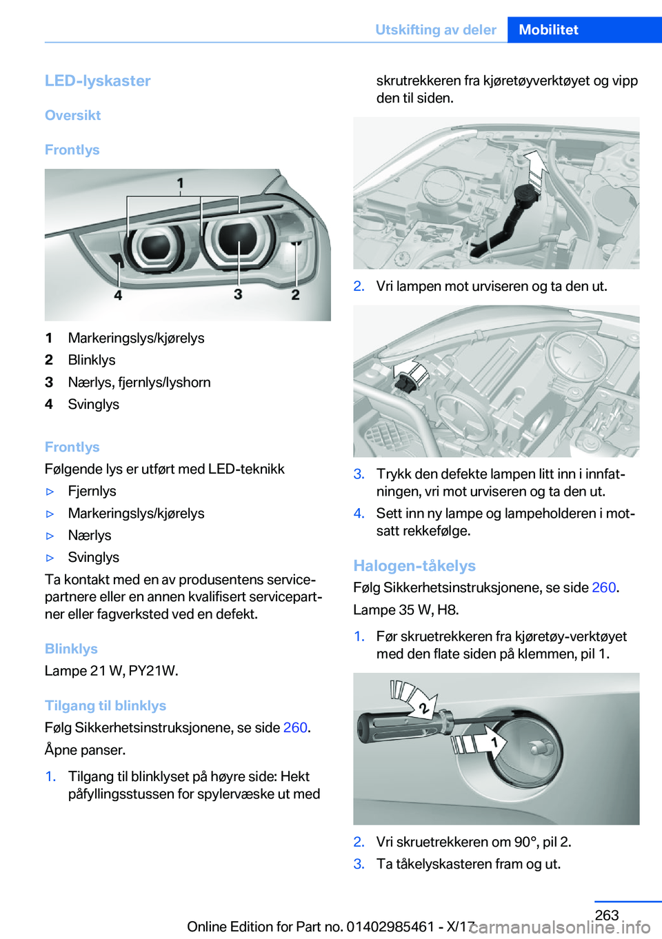 BMW X1 2018  InstruksjonsbØker (in Norwegian) �L�E�D�-�l�y�s�k�a�s�t�e�r
�O�v�e�r�s�i�k�t
�F�r�o�n�t�l�y�s�1�M�a�r�k�e�r�i�n�g�s�l�y�s�/�k�j�