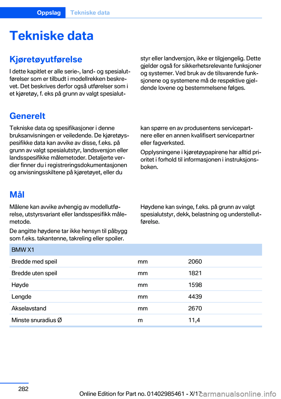 BMW X1 2018  InstruksjonsbØker (in Norwegian) �T�e�k�n�i�s�k�e��d�a�t�a�K�j�