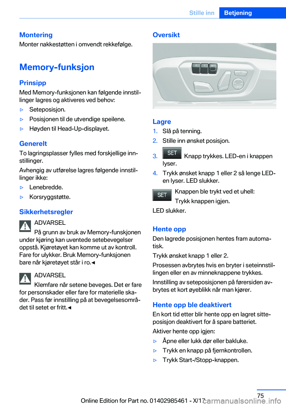 BMW X1 2018  InstruksjonsbØker (in Norwegian) �M�o�n�t�e�r�i�n�g�M�o�n�t�e�r� �n�a�k�k�e�s�t�