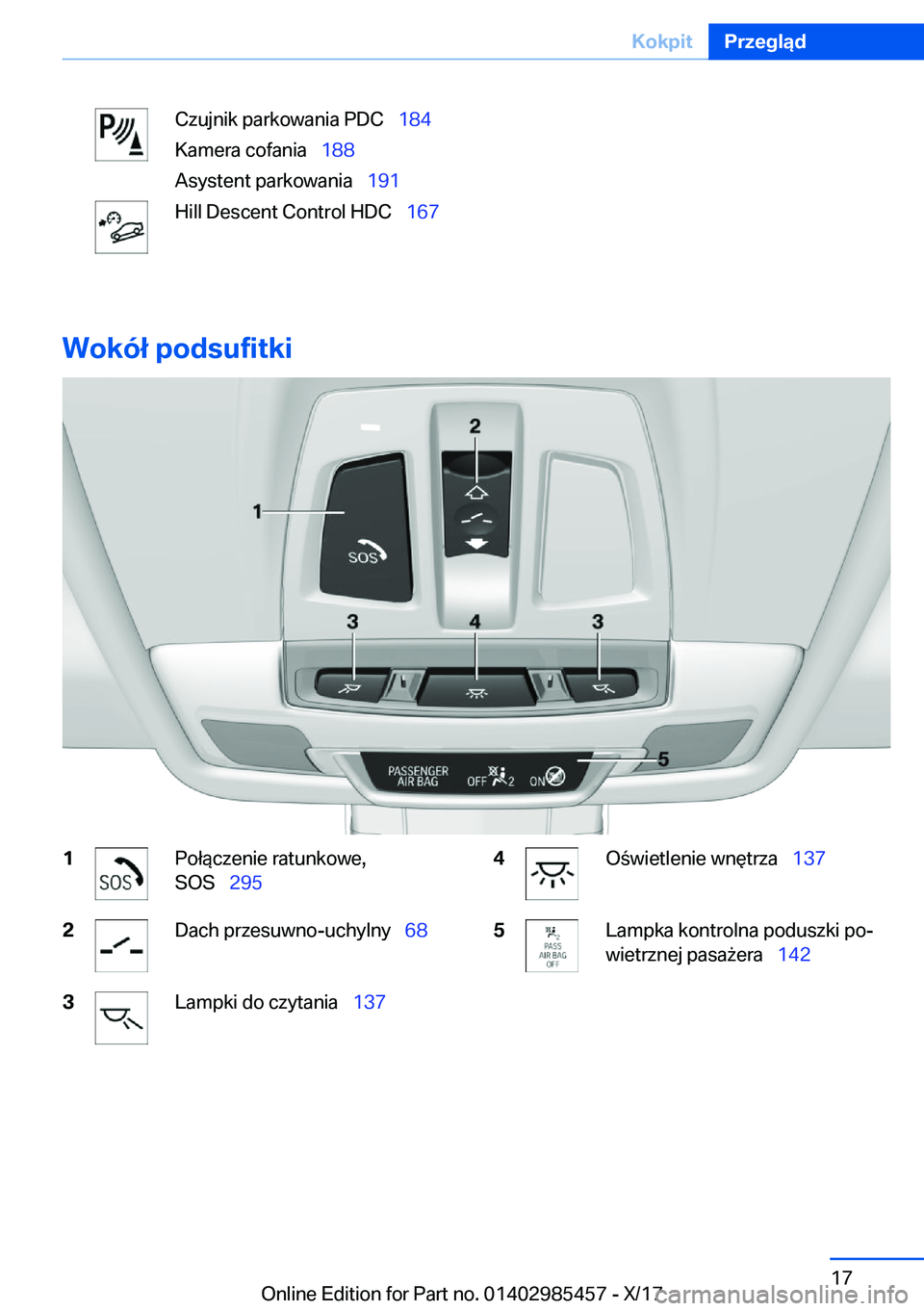 BMW X1 2018  Instrukcja obsługi (in Polish) �C�z�u�j�n�i�k� �p�a�r�k�o�w�a�n�i�a� �P�D�C\_�1�8�4
�K�a�m�e�r�a� �c�o�f�a�n�i�a\_ �1�8�8
�A�s�y�s�t�e�n�t� �p�a�r�k�o�w�a�n�i�a\_ �1�9�1�H�i�l�l� �D�e�s�c�e�n�t� �C�o�n�t�r�o�l� �H�D�C\_ �1�