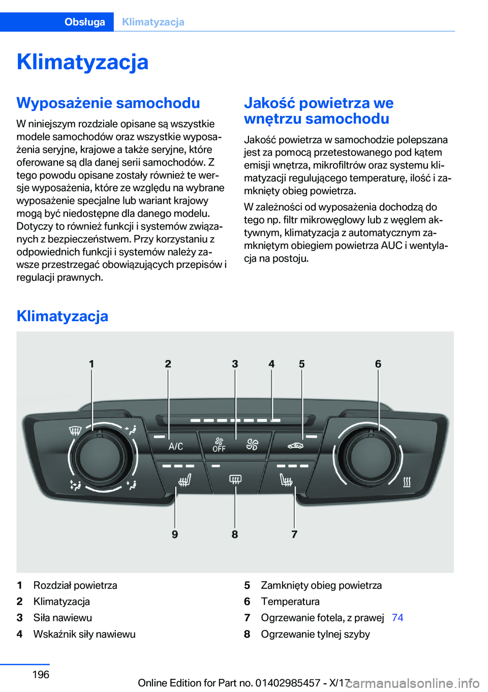 BMW X1 2018  Instrukcja obsługi (in Polish) �K�l�i�m�a�t�y�z�a�c�j�a�W�y�p�o�s�a9�e�n�i�e��s�a�m�o�c�h�o�d�u
�W� �n�i�n�i�e�j�s�z�y�m� �r�o�z�d�z�i�a�l�e� �o�p�i�s�a�n�e� �s�